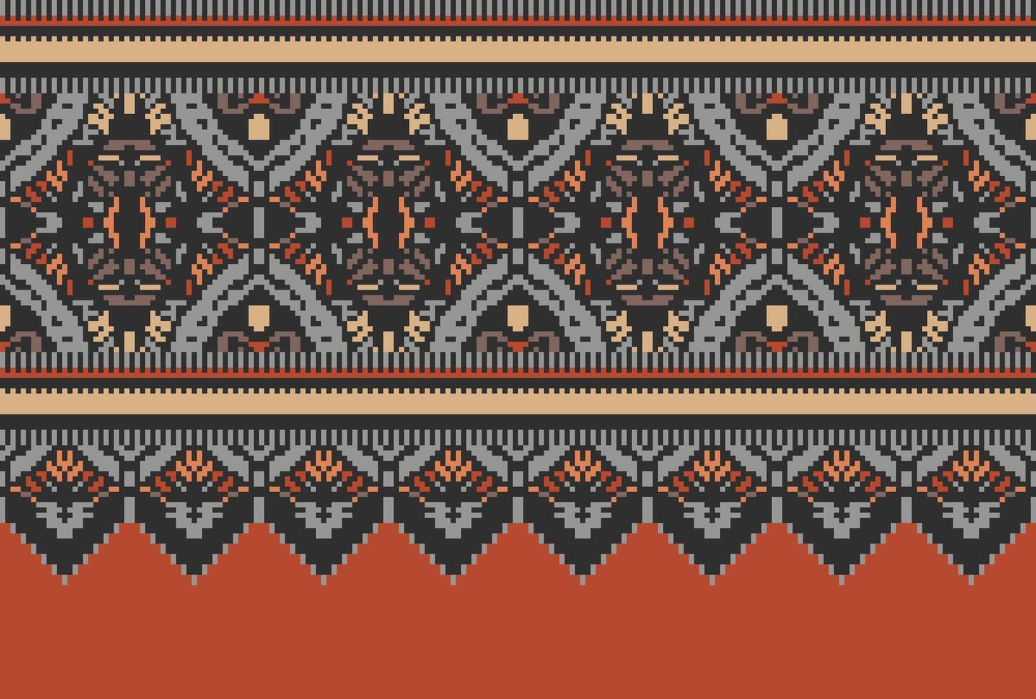 Pixel Cross Stitch pattern with Floral Designs. Traditional cross stitch needlework. Geometric Ethnic pattern, Embroidery, Textile ornamentation, fabric, Hand stitched pattern, Cultural stitching vector