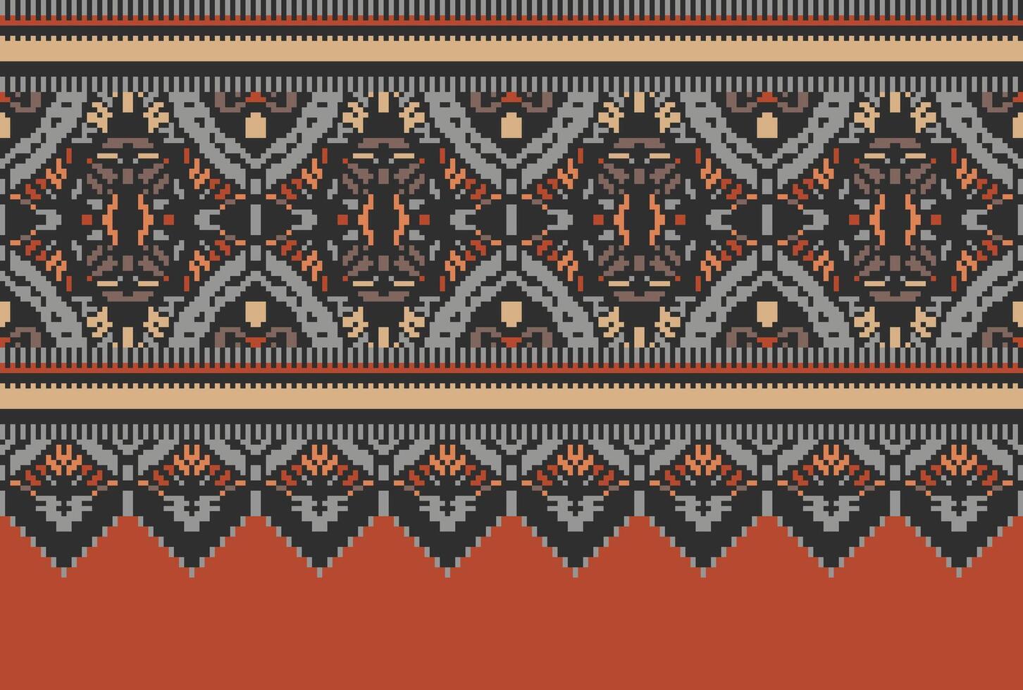 Pixel Cross Stitch pattern with Floral Designs. Traditional cross stitch needlework. Geometric Ethnic pattern, Embroidery, Textile ornamentation, fabric, Hand stitched pattern, Cultural stitching vector