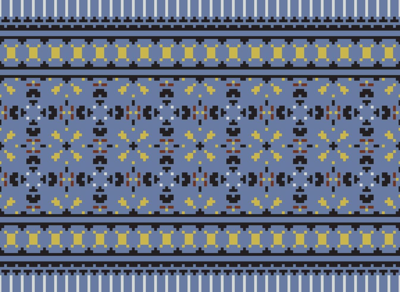 Pixel Cross Stitch Traditional Ethnic Pattern Paisley Flower Ikat Background Abstract Aztec African Indonesian Indian Seamless Pattern for Fabric Print Cloth Dress Carpet Curtains and Sarong vector