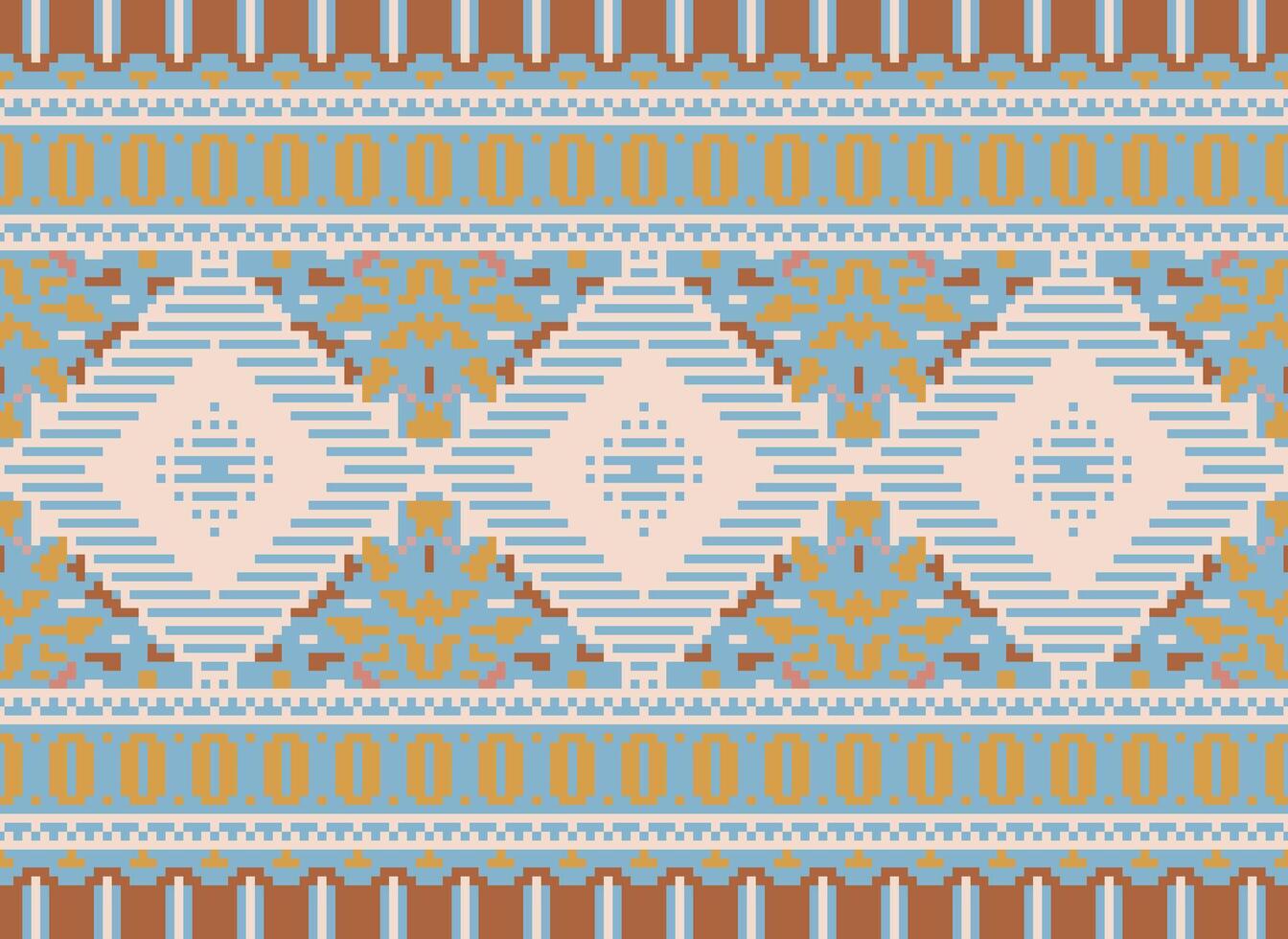 Pixel Cross Stitch Traditional Ethnic Pattern Paisley Flower Ikat Background Abstract Aztec African Indonesian Indian Seamless Pattern for Fabric Print Cloth Dress Carpet Curtains and Sarong vector