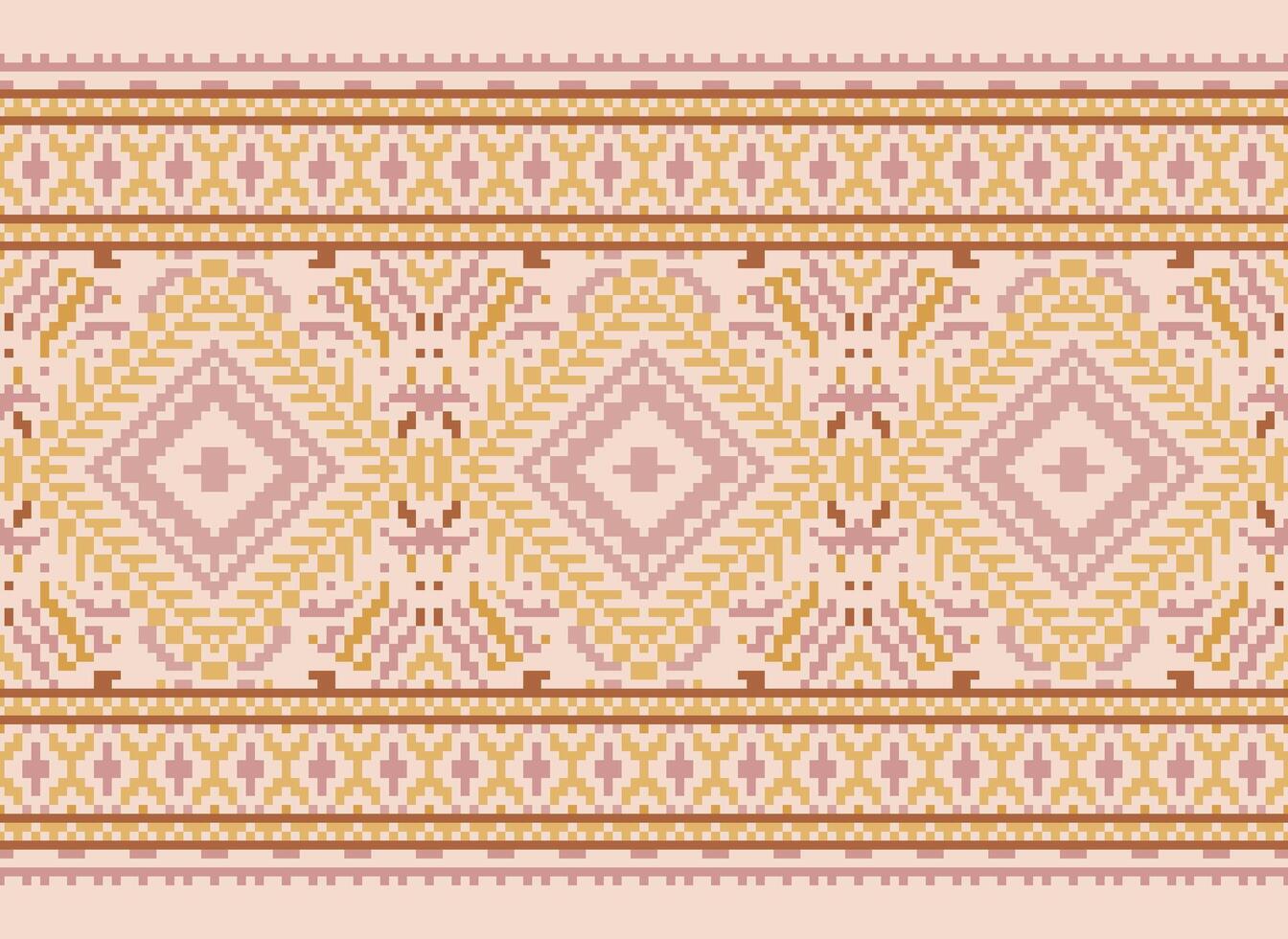 Pixel Cross Stitch Traditional Ethnic Pattern Paisley Flower Ikat Background Abstract Aztec African Indonesian Indian Seamless Pattern for Fabric Print Cloth Dress Carpet Curtains and Sarong vector