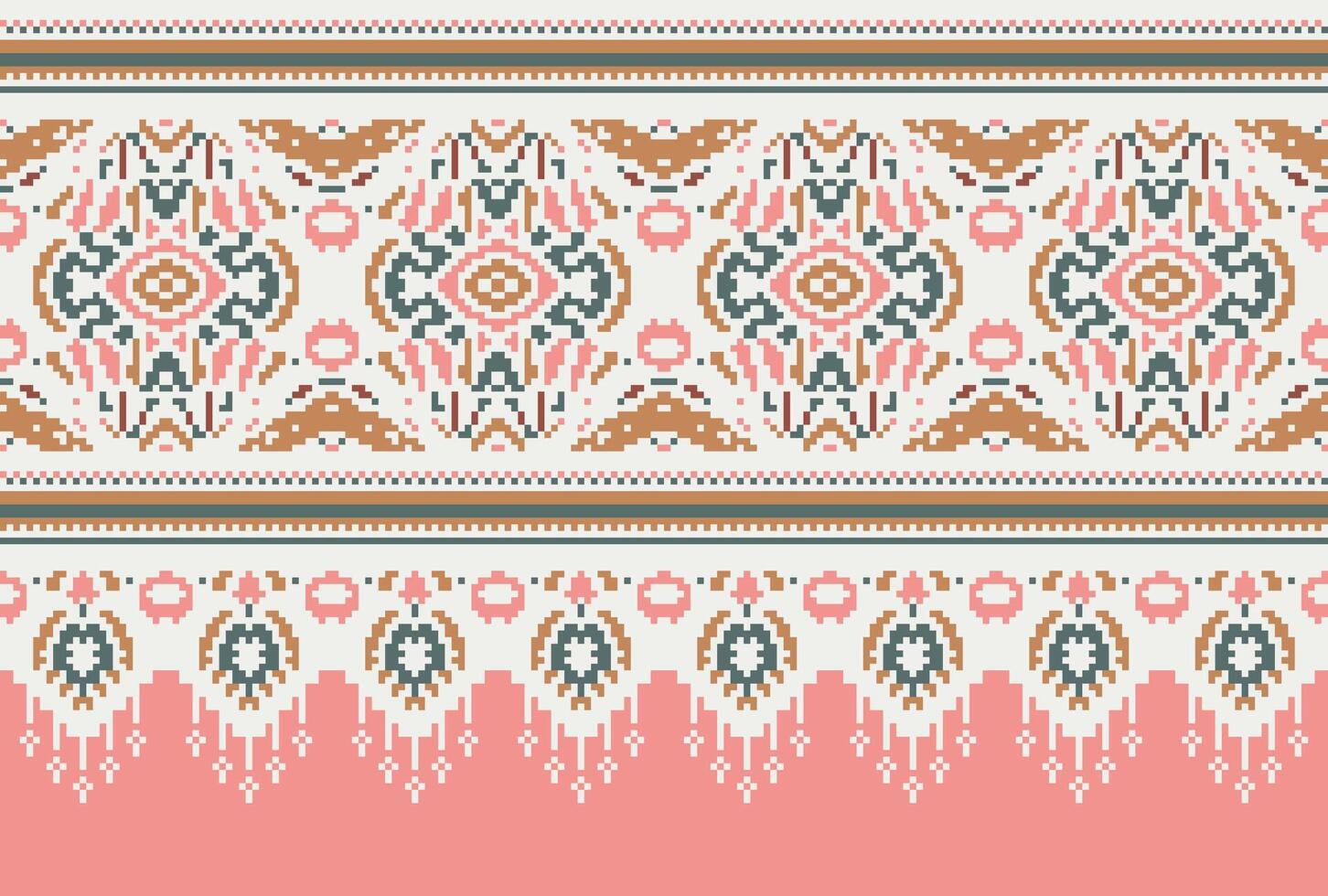 Pixel Cross Stitch Traditional Ethnic Pattern Paisley Flower Ikat Background Abstract Aztec African Indonesian Indian Seamless Pattern for Fabric Print Cloth Dress Carpet Curtains and Sarong vector