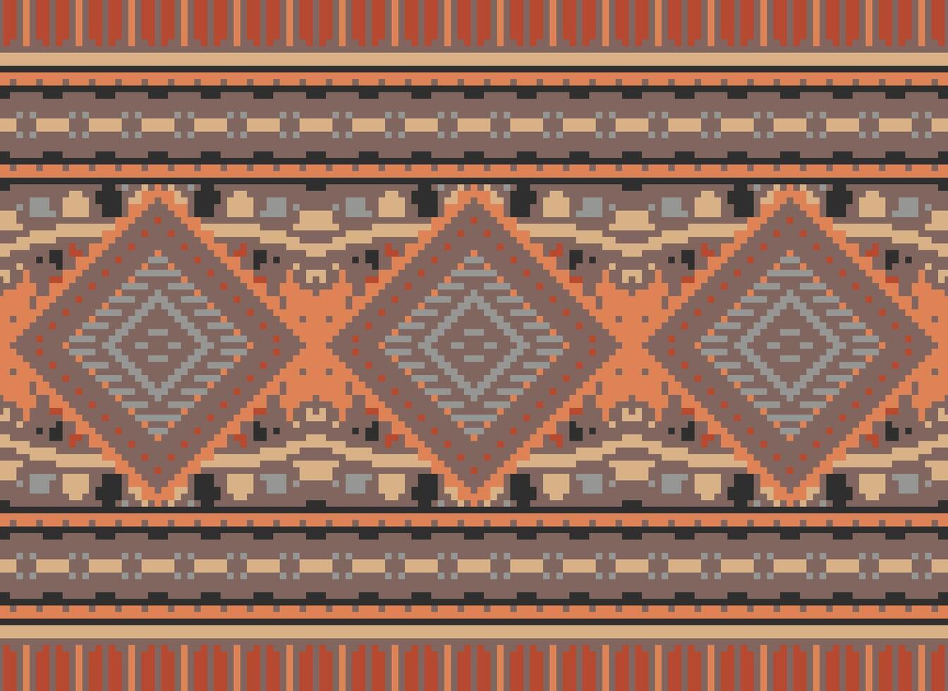 Pixel Cross Stitch Traditional Ethnic Pattern Paisley Flower Ikat Background Abstract Aztec African Indonesian Indian Seamless Pattern for Fabric Print Cloth Dress Carpet Curtains and Sarong vector