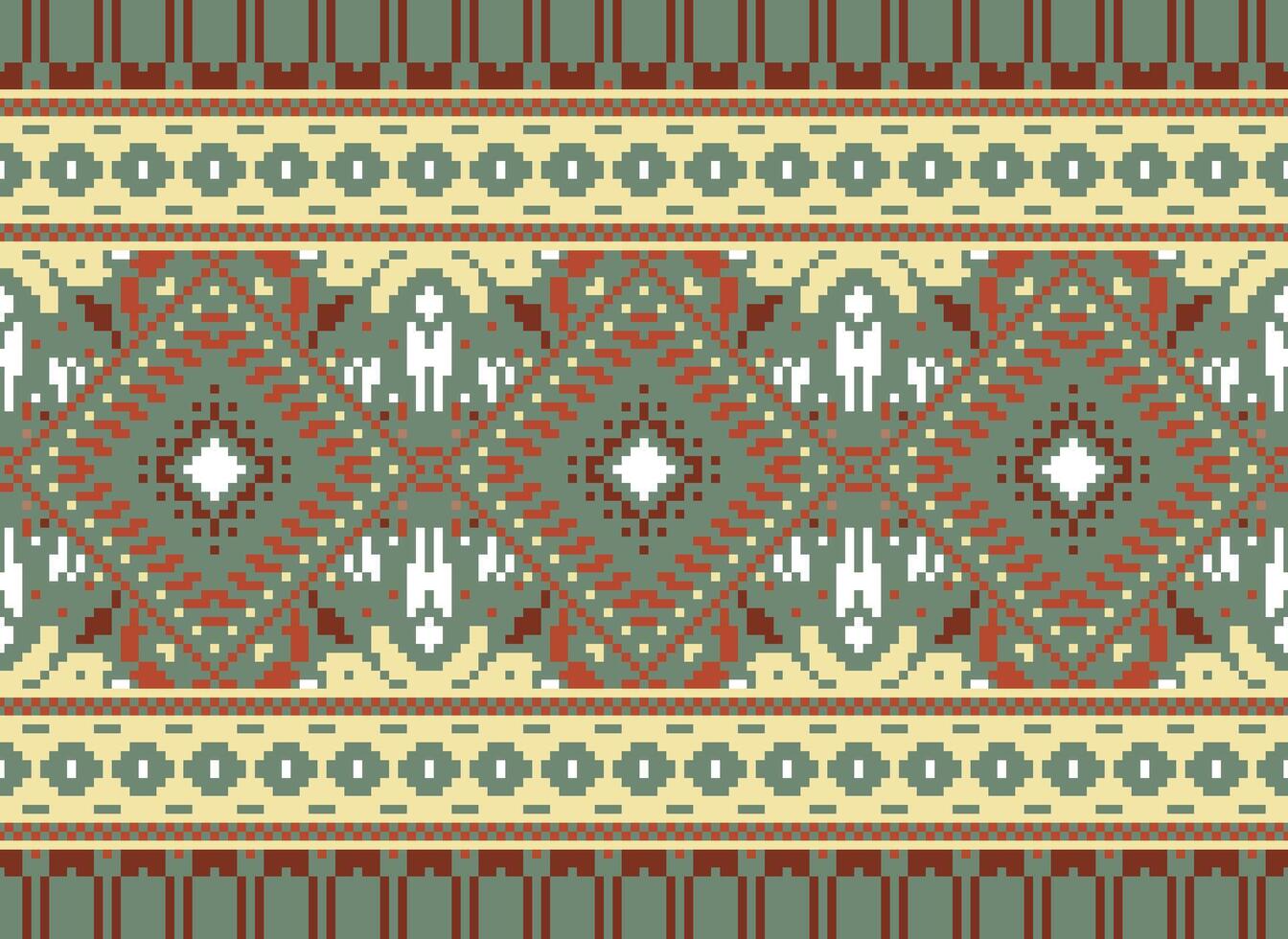 Pixel Cross Stitch Traditional Ethnic Pattern Paisley Flower Ikat Background Abstract Aztec African Indonesian Indian Seamless Pattern for Fabric Print Cloth Dress Carpet Curtains and Sarong vector