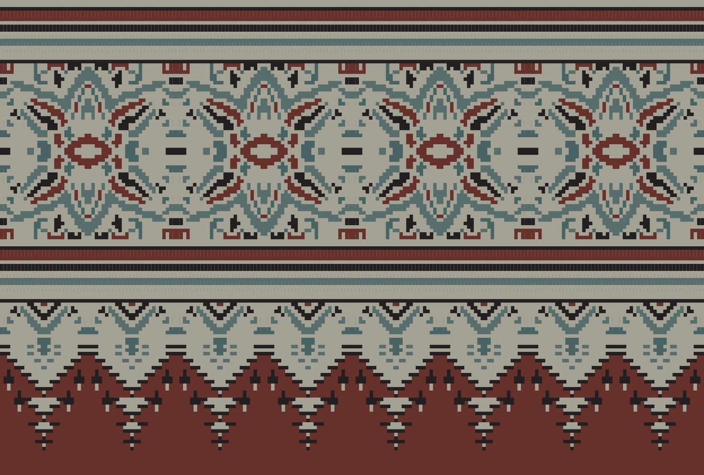 Pixel Cross Stitch Traditional Ethnic Pattern Paisley Flower Ikat Background Abstract Aztec African Indonesian Indian Seamless Pattern for Fabric Print Cloth Dress Carpet Curtains and Sarong vector