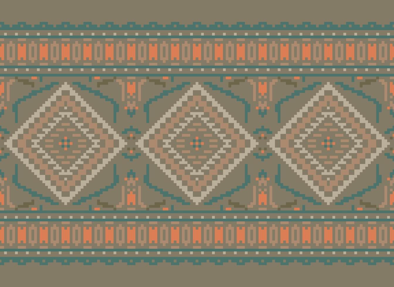 Pixel Cross Stitch Traditional Ethnic Pattern Paisley Flower Ikat Background Abstract Aztec African Indonesian Indian Seamless Pattern for Fabric Print Cloth Dress Carpet Curtains and Sarong vector