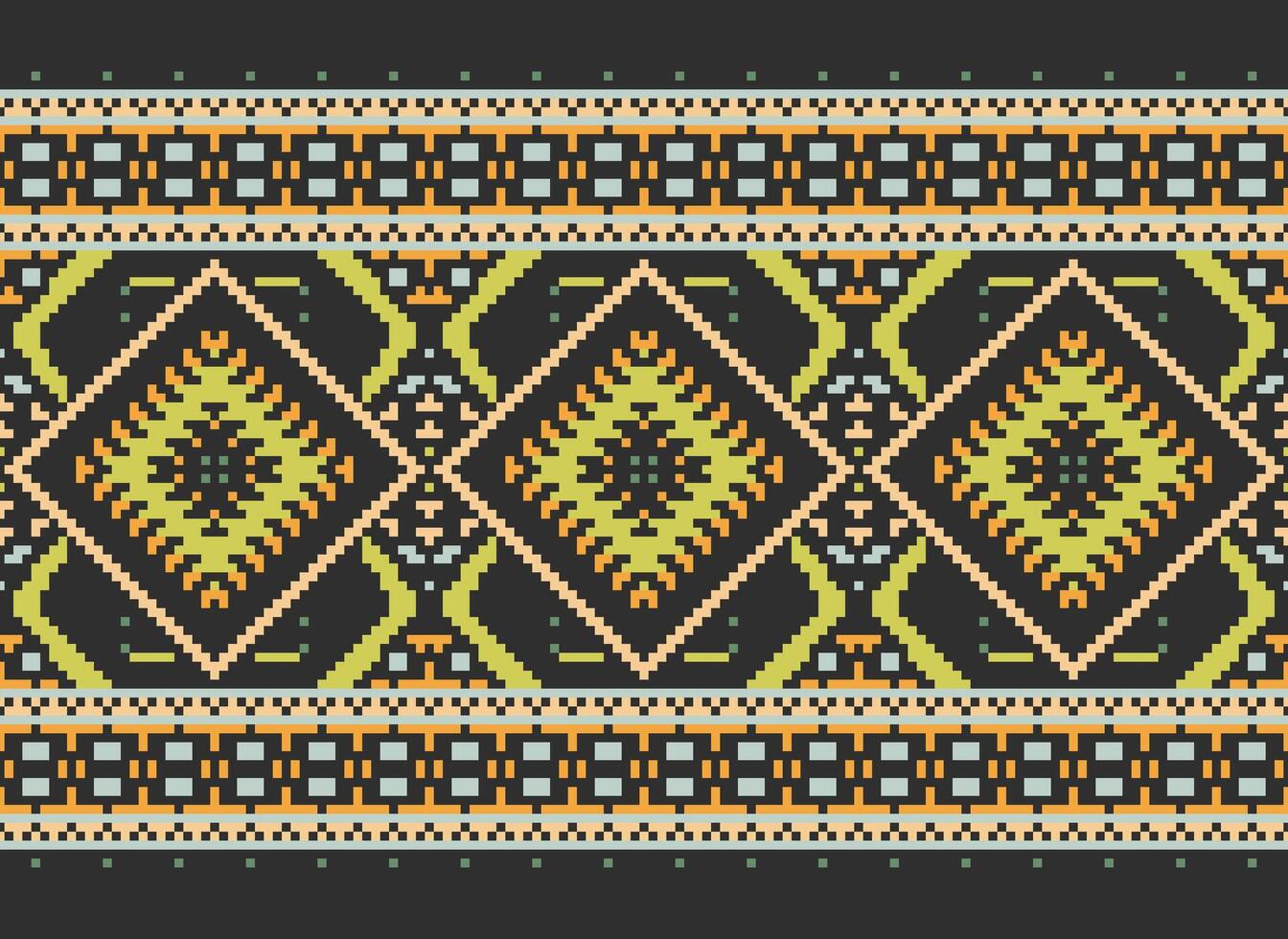 Pixel Cross Stitch Traditional Ethnic Pattern Paisley Flower Ikat Background Abstract Aztec African Indonesian Indian Seamless Pattern for Fabric Print Cloth Dress Carpet Curtains and Sarong vector