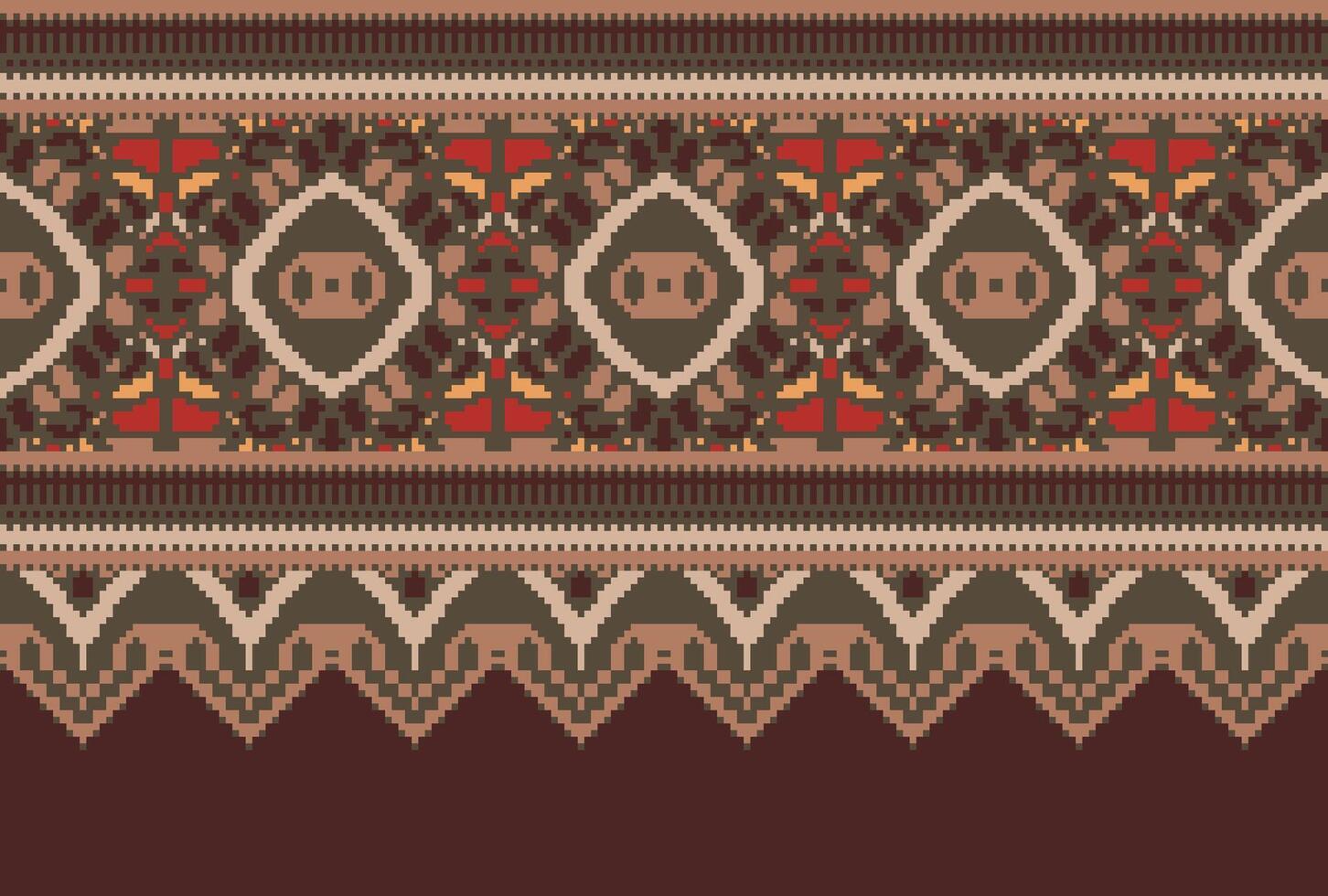 Pixel Cross Stitch pattern with Floral Designs. Traditional cross stitch needlework. Geometric Ethnic pattern, Embroidery, Textile ornamentation, fabric, Hand stitched pattern, Cultural stitching vector