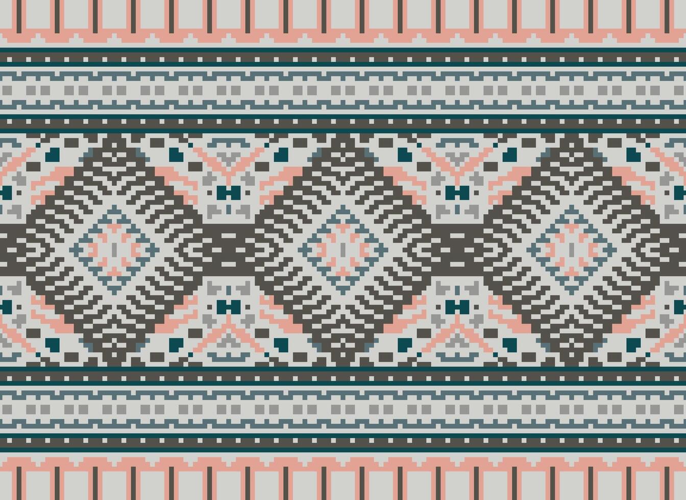 Pixel Cross Stitch Traditional Ethnic Pattern Paisley Flower Ikat Background Abstract Aztec African Indonesian Indian Seamless Pattern for Fabric Print Cloth Dress Carpet Curtains and Sarong vector
