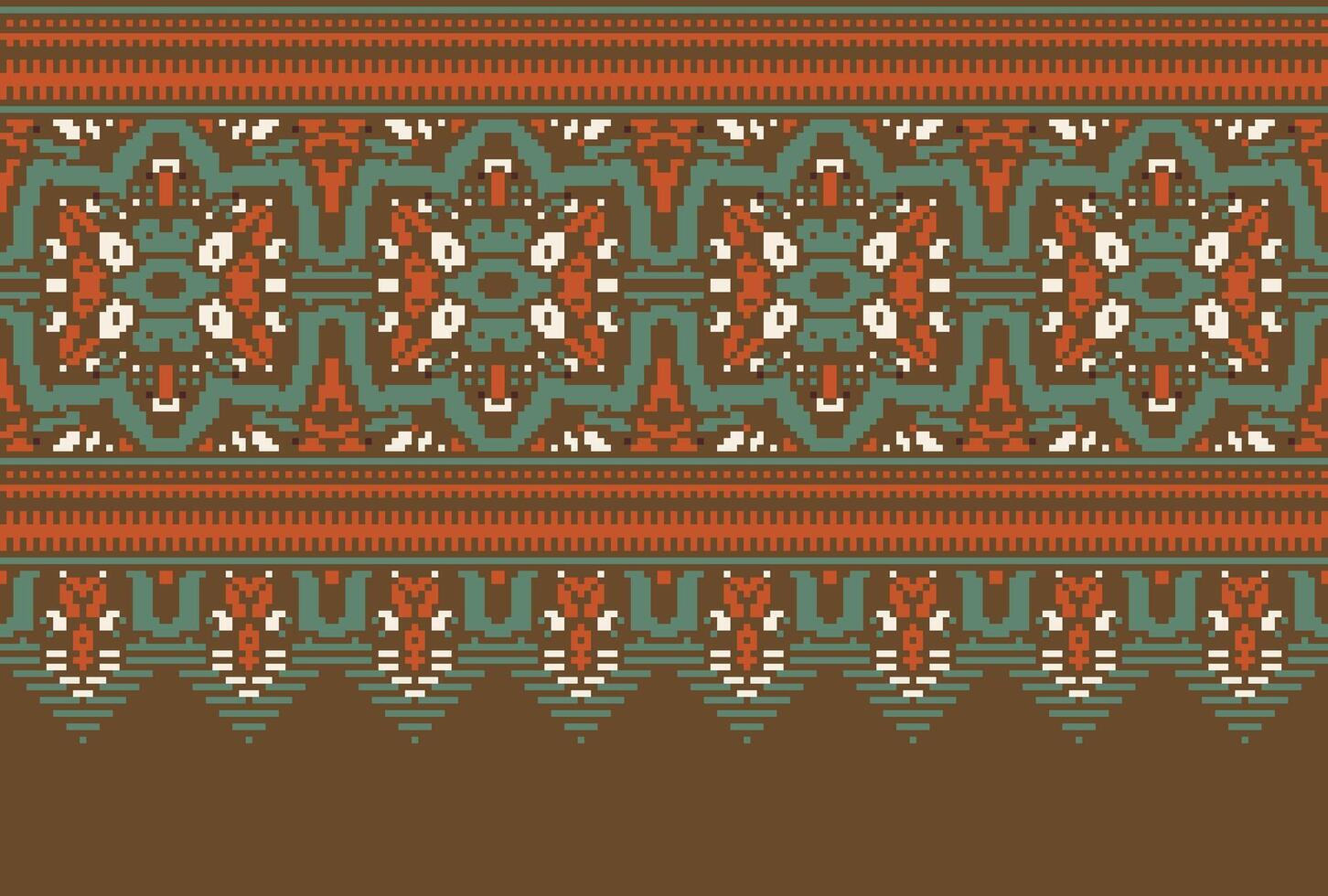 Pixel Cross Stitch pattern with Floral Designs. Traditional cross stitch needlework. Geometric Ethnic pattern, Embroidery, Textile ornamentation, fabric, Hand stitched pattern, Cultural stitching vector