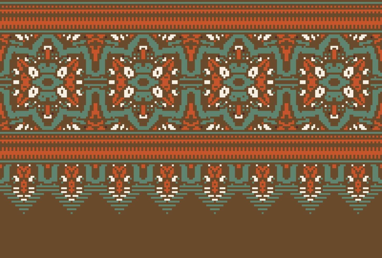 Pixel Cross Stitch pattern with Floral Designs. Traditional cross stitch needlework. Geometric Ethnic pattern, Embroidery, Textile ornamentation, fabric, Hand stitched pattern, Cultural stitching vector