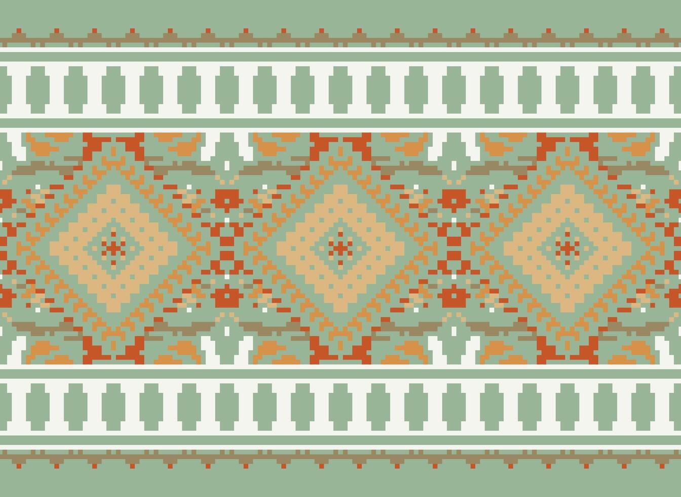 Pixel Cross Stitch Traditional Ethnic Pattern Paisley Flower Ikat Background Abstract Aztec African Indonesian Indian Seamless Pattern for Fabric Print Cloth Dress Carpet Curtains and Sarong vector