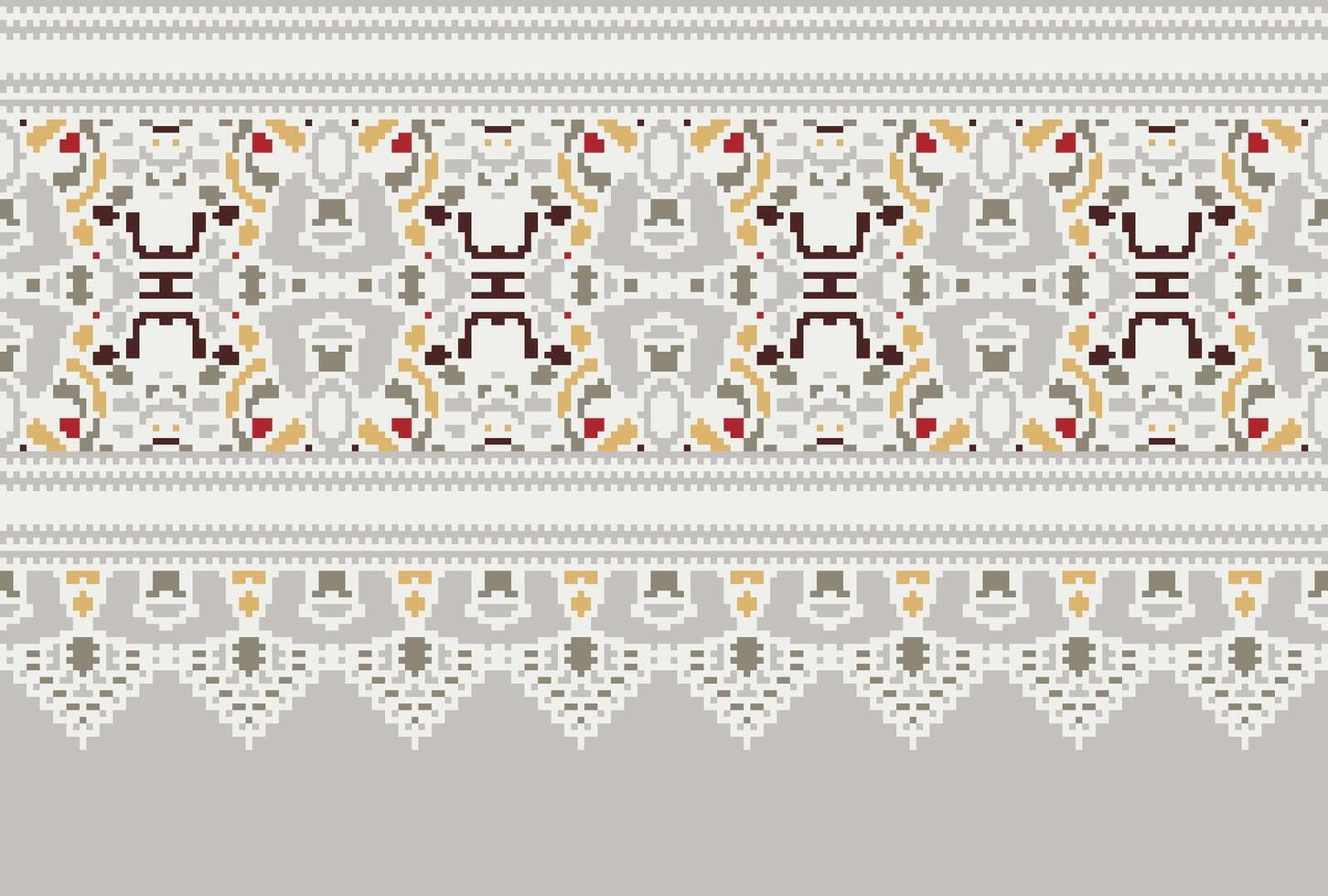 Pixel Cross Stitch pattern with Floral Designs. Traditional cross stitch needlework. Geometric Ethnic pattern, Embroidery, Textile ornamentation, fabric, Hand stitched pattern, Cultural stitching vector