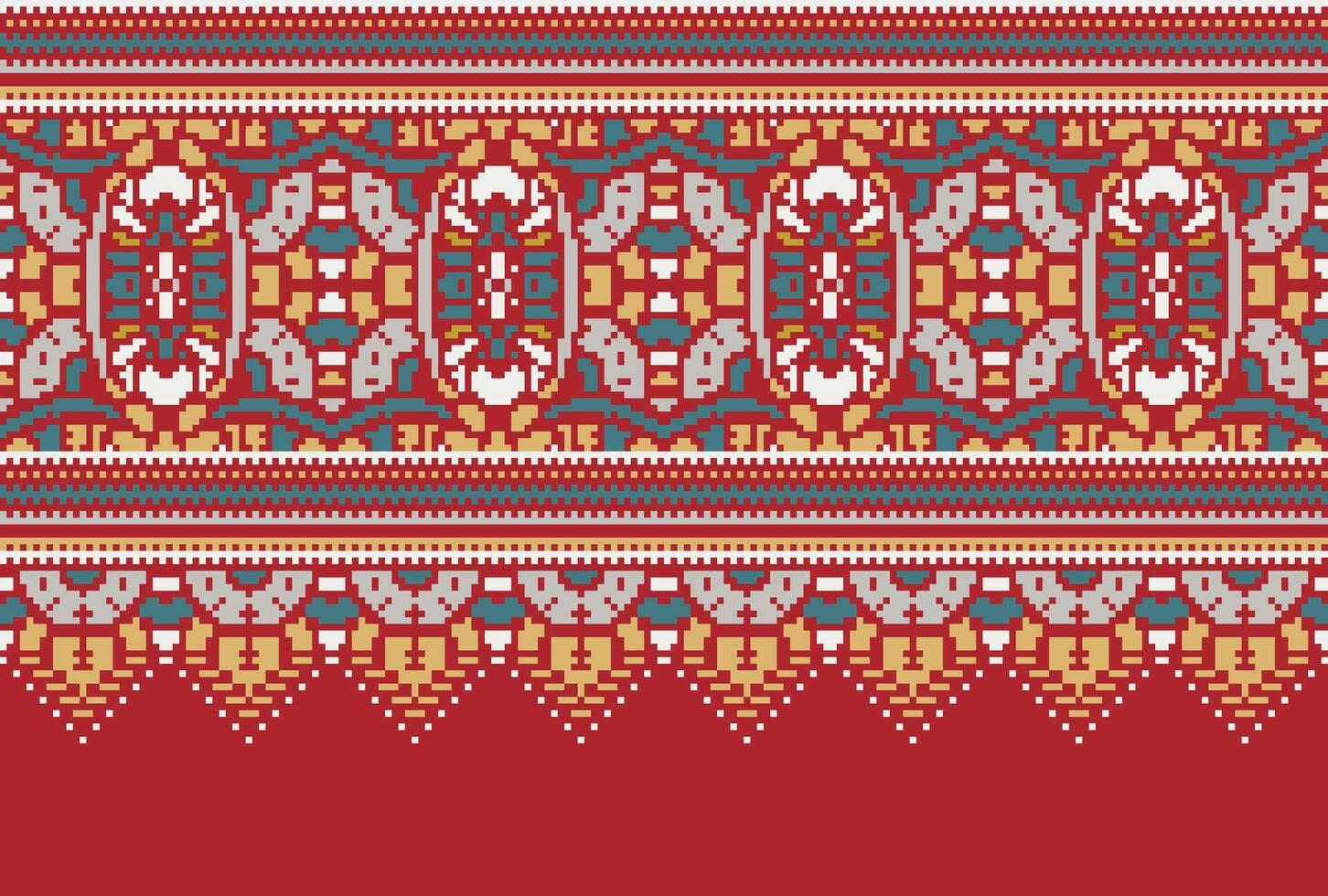 Pixel Cross Stitch pattern with Floral Designs. Traditional cross stitch needlework. Geometric Ethnic pattern, Embroidery, Textile ornamentation, fabric, Hand stitched pattern, Cultural stitching vector
