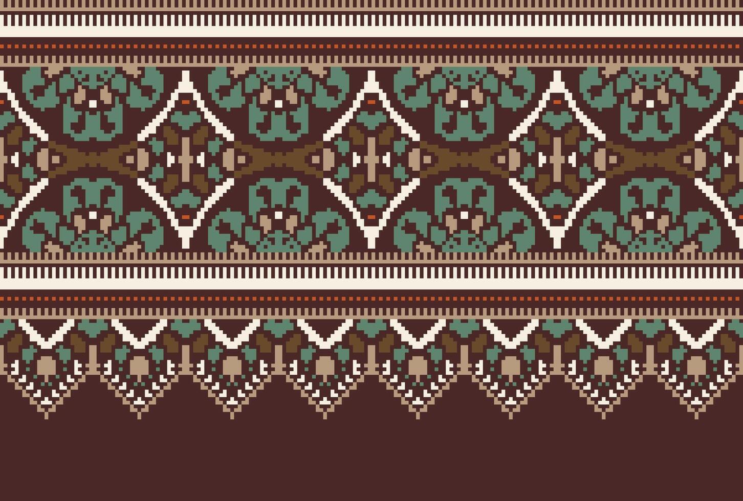 Pixel Cross Stitch pattern with Floral Designs. Traditional cross stitch needlework. Geometric Ethnic pattern, Embroidery, Textile ornamentation, fabric, Hand stitched pattern, Cultural stitching vector