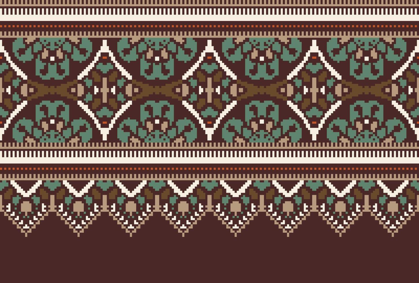 Pixel Cross Stitch pattern with Floral Designs. Traditional cross stitch needlework. Geometric Ethnic pattern, Embroidery, Textile ornamentation, fabric, Hand stitched pattern, Cultural stitching vector