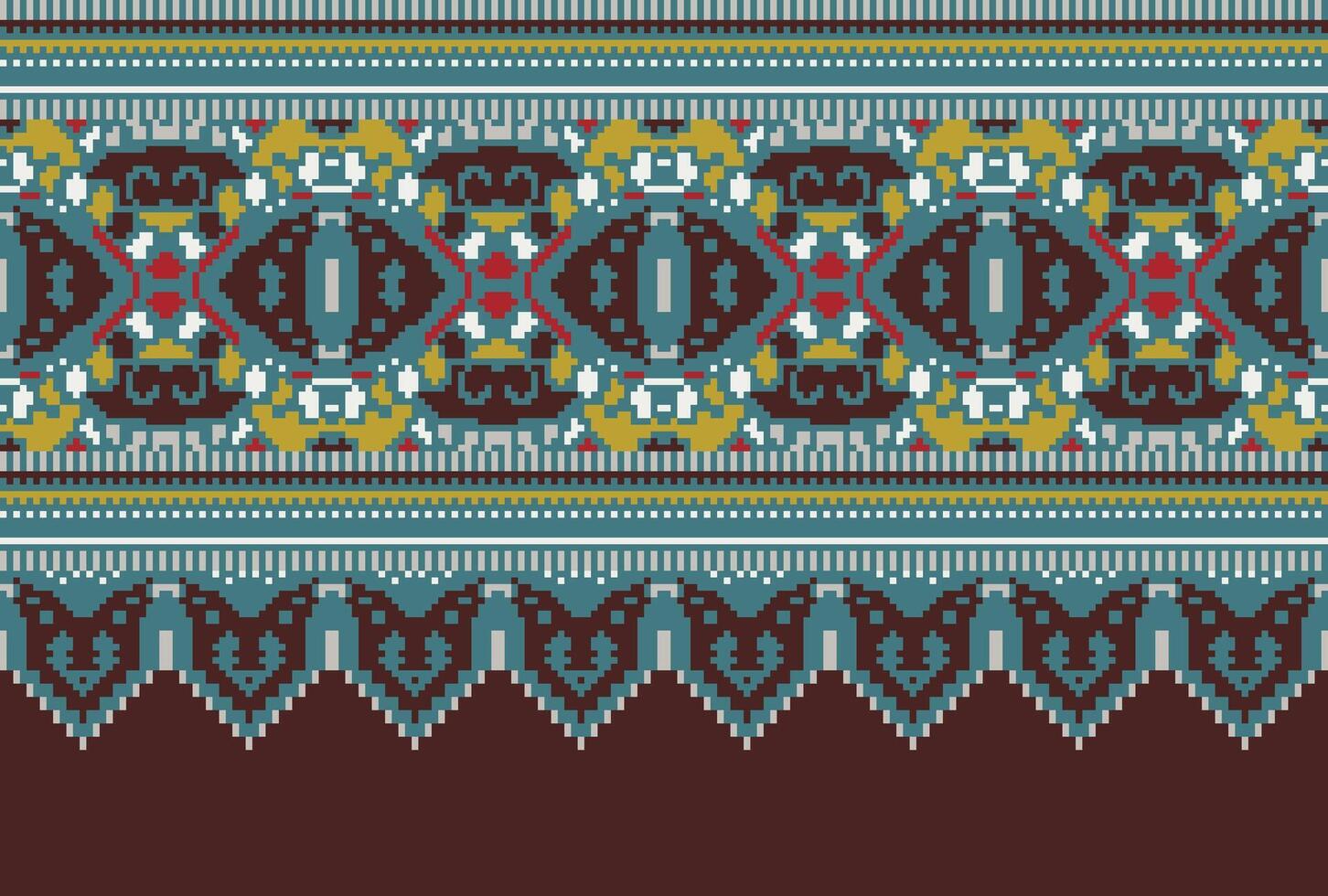 Pixel Cross Stitch pattern with Floral Designs. Traditional cross stitch needlework. Geometric Ethnic pattern, Embroidery, Textile ornamentation, fabric, Hand stitched pattern, Cultural stitching vector
