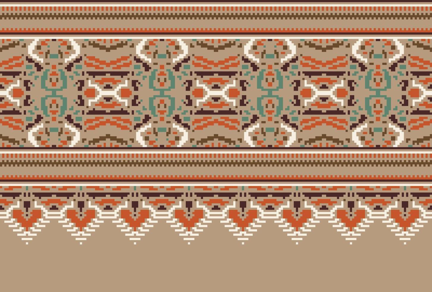 Pixel Cross Stitch pattern with Floral Designs. Traditional cross stitch needlework. Geometric Ethnic pattern, Embroidery, Textile ornamentation, fabric, Hand stitched pattern, Cultural stitching vector