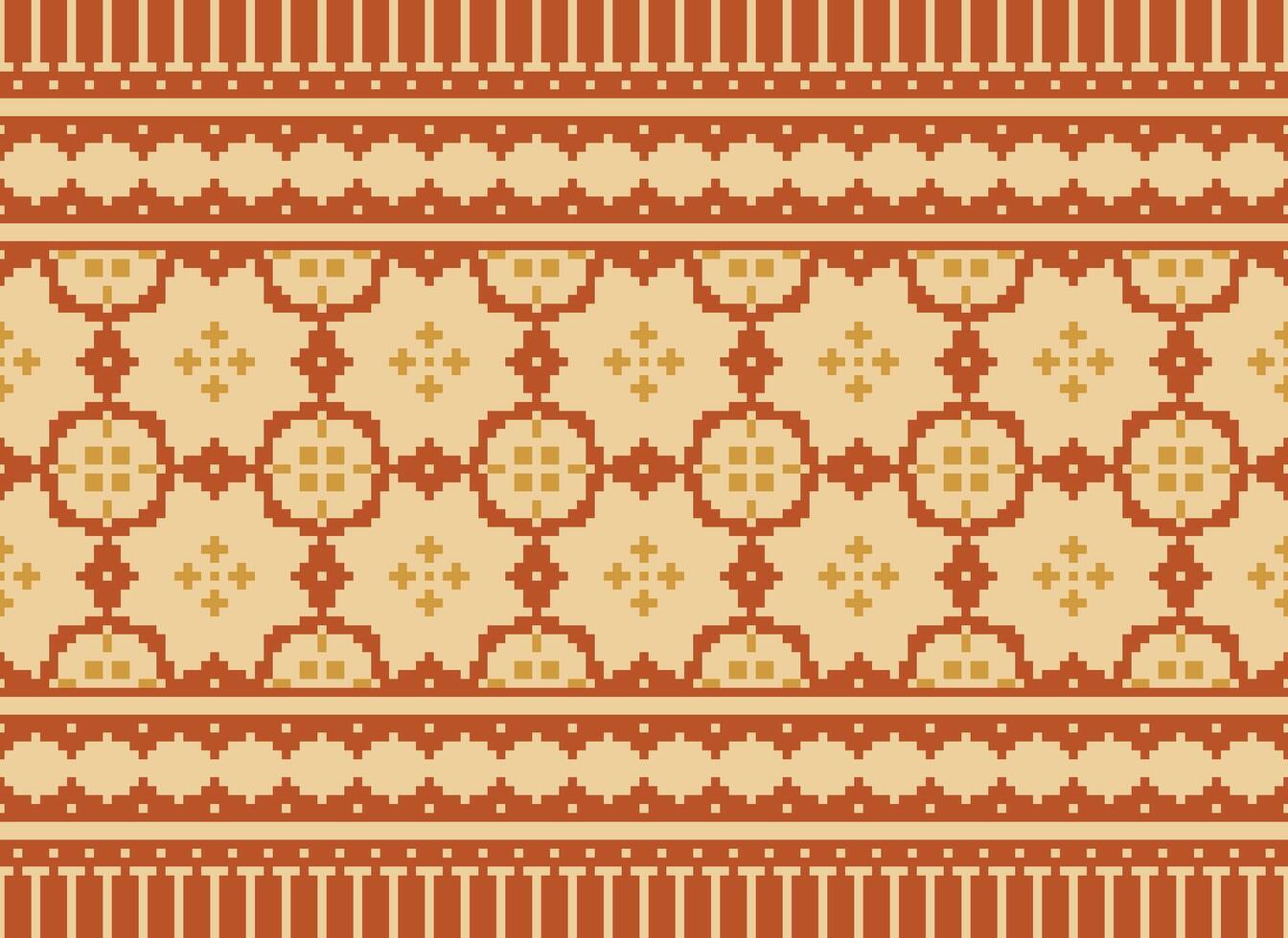 Pixel Cross Stitch Traditional Ethnic Pattern Paisley Flower Ikat Background Abstract Aztec African Indonesian Indian Seamless Pattern for Fabric Print Cloth Dress Carpet Curtains and Sarong vector