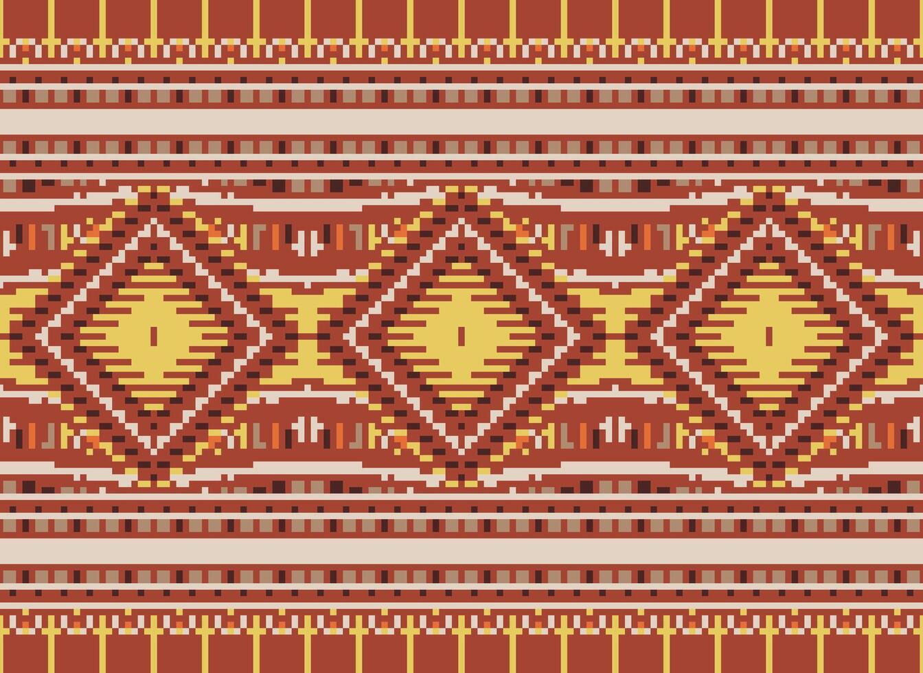 Pixel Cross Stitch Traditional Ethnic Pattern Paisley Flower Ikat Background Abstract Aztec African Indonesian Indian Seamless Pattern for Fabric Print Cloth Dress Carpet Curtains and Sarong vector