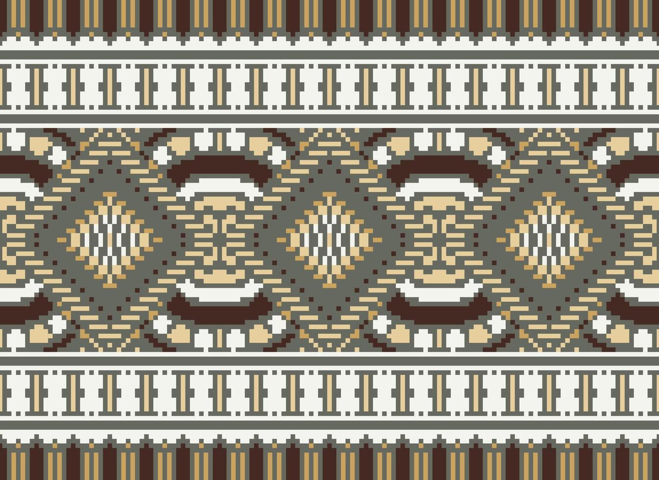 Pixel Cross Stitch Traditional Ethnic Pattern Paisley Flower Ikat Background Abstract Aztec African Indonesian Indian Seamless Pattern for Fabric Print Cloth Dress Carpet Curtains and Sarong vector