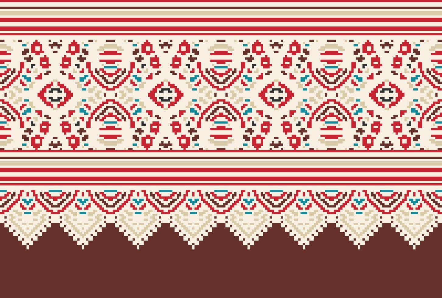 Pixel Cross Stitch pattern with Floral Designs. Traditional cross stitch needlework. Geometric Ethnic pattern, Embroidery, Textile ornamentation, fabric, Hand stitched pattern, Cultural stitching vector