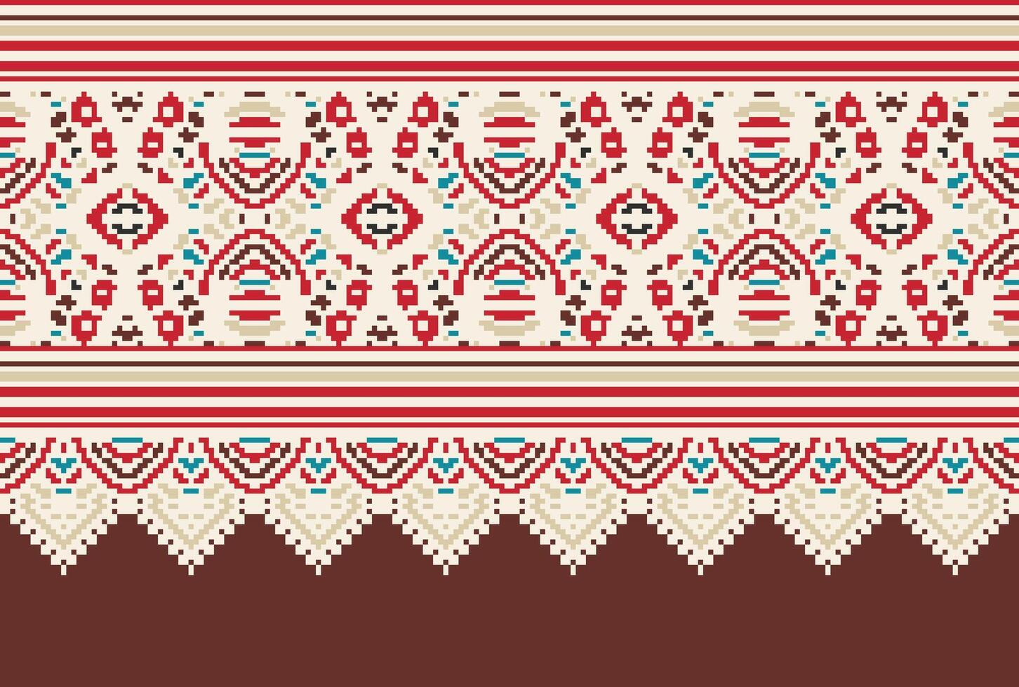 Pixel Cross Stitch pattern with Floral Designs. Traditional cross stitch needlework. Geometric Ethnic pattern, Embroidery, Textile ornamentation, fabric, Hand stitched pattern, Cultural stitching vector