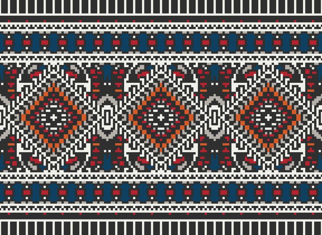 Pixel Cross Stitch Traditional Ethnic Pattern Paisley Flower Ikat Background Abstract Aztec African Indonesian Indian Seamless Pattern for Fabric Print Cloth Dress Carpet Curtains and Sarong vector