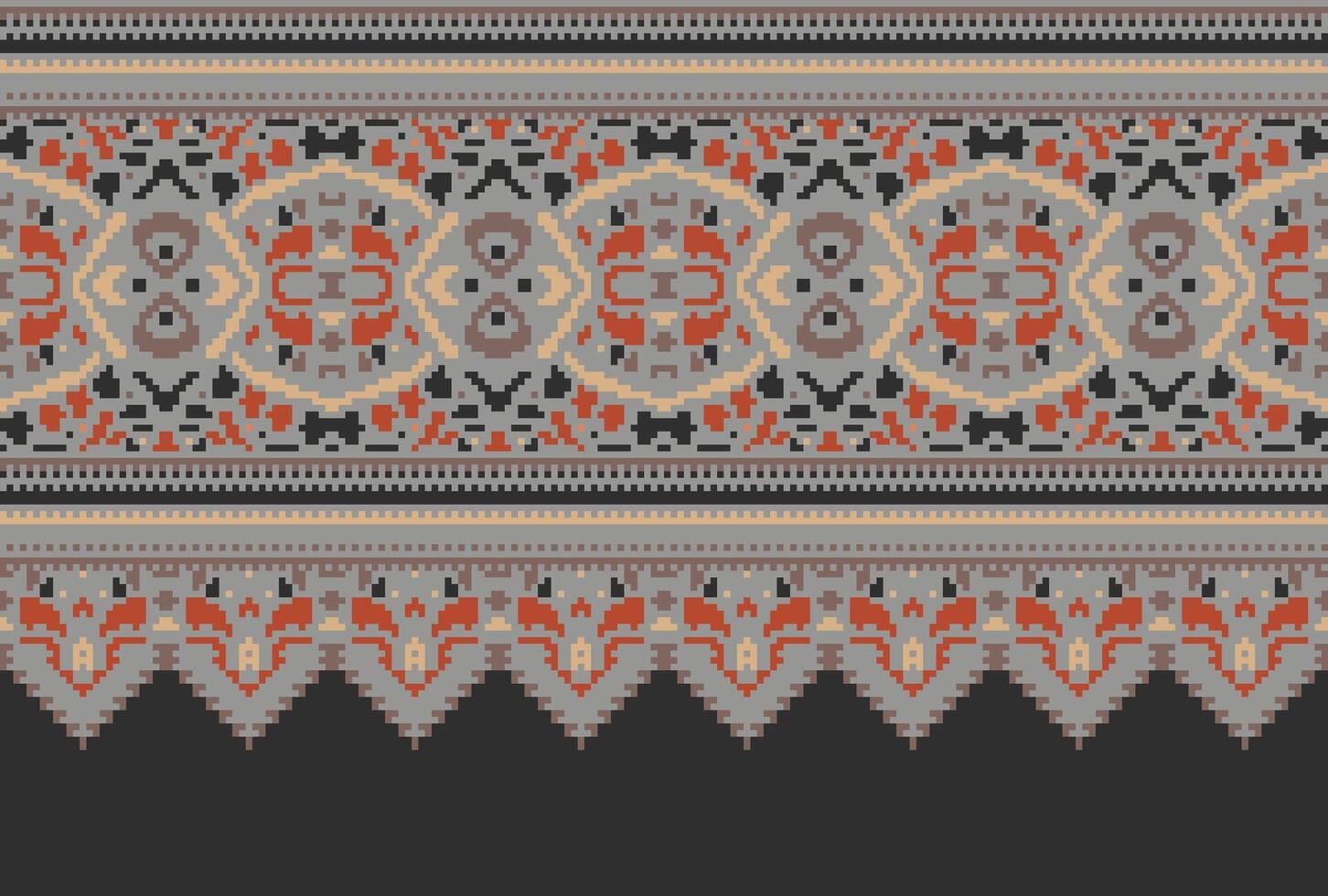 Pixel Cross Stitch pattern with Floral Designs. Traditional cross stitch needlework. Geometric Ethnic pattern, Embroidery, Textile ornamentation, fabric, Hand stitched pattern, Cultural stitching vector