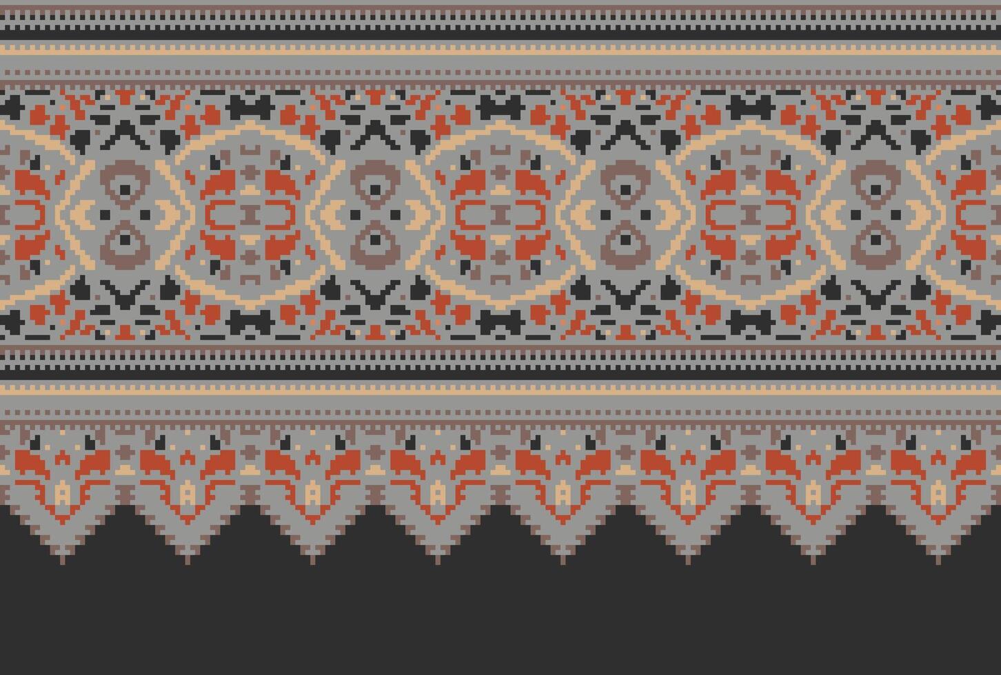 Pixel Cross Stitch pattern with Floral Designs. Traditional cross stitch needlework. Geometric Ethnic pattern, Embroidery, Textile ornamentation, fabric, Hand stitched pattern, Cultural stitching vector