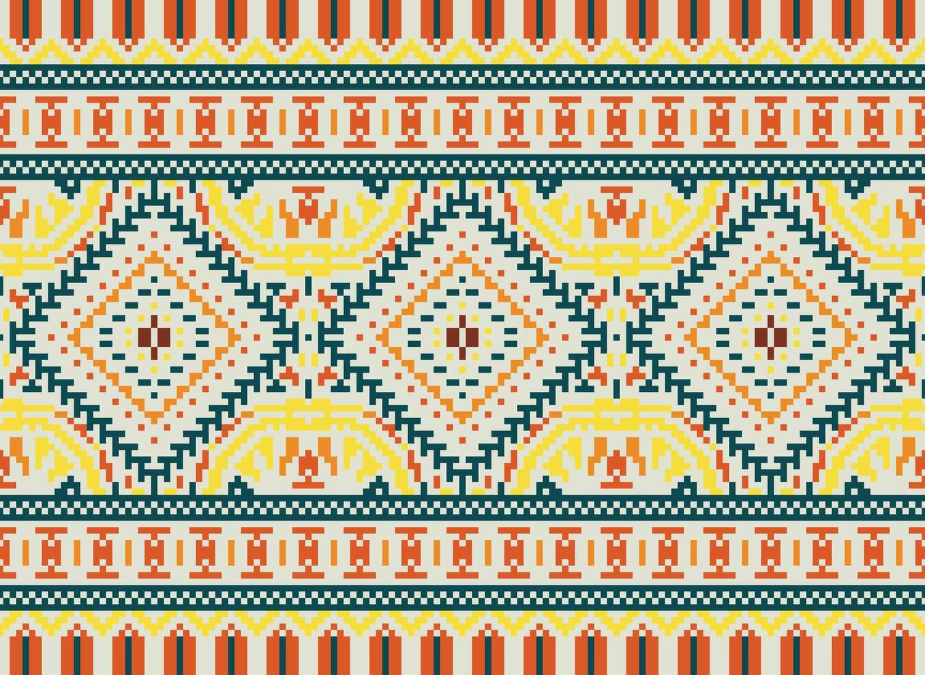 Pixel Cross Stitch Traditional Ethnic Pattern Paisley Flower Ikat Background Abstract Aztec African Indonesian Indian Seamless Pattern for Fabric Print Cloth Dress Carpet Curtains and Sarong vector