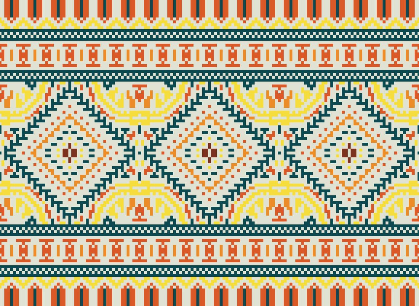 Pixel Cross Stitch Traditional Ethnic Pattern Paisley Flower Ikat Background Abstract Aztec African Indonesian Indian Seamless Pattern for Fabric Print Cloth Dress Carpet Curtains and Sarong vector