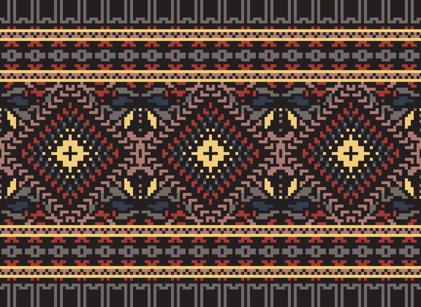 Pixel Cross Stitch Traditional Ethnic Pattern Paisley Flower Ikat Background Abstract Aztec African Indonesian Indian Seamless Pattern for Fabric Print Cloth Dress Carpet Curtains and Sarong vector