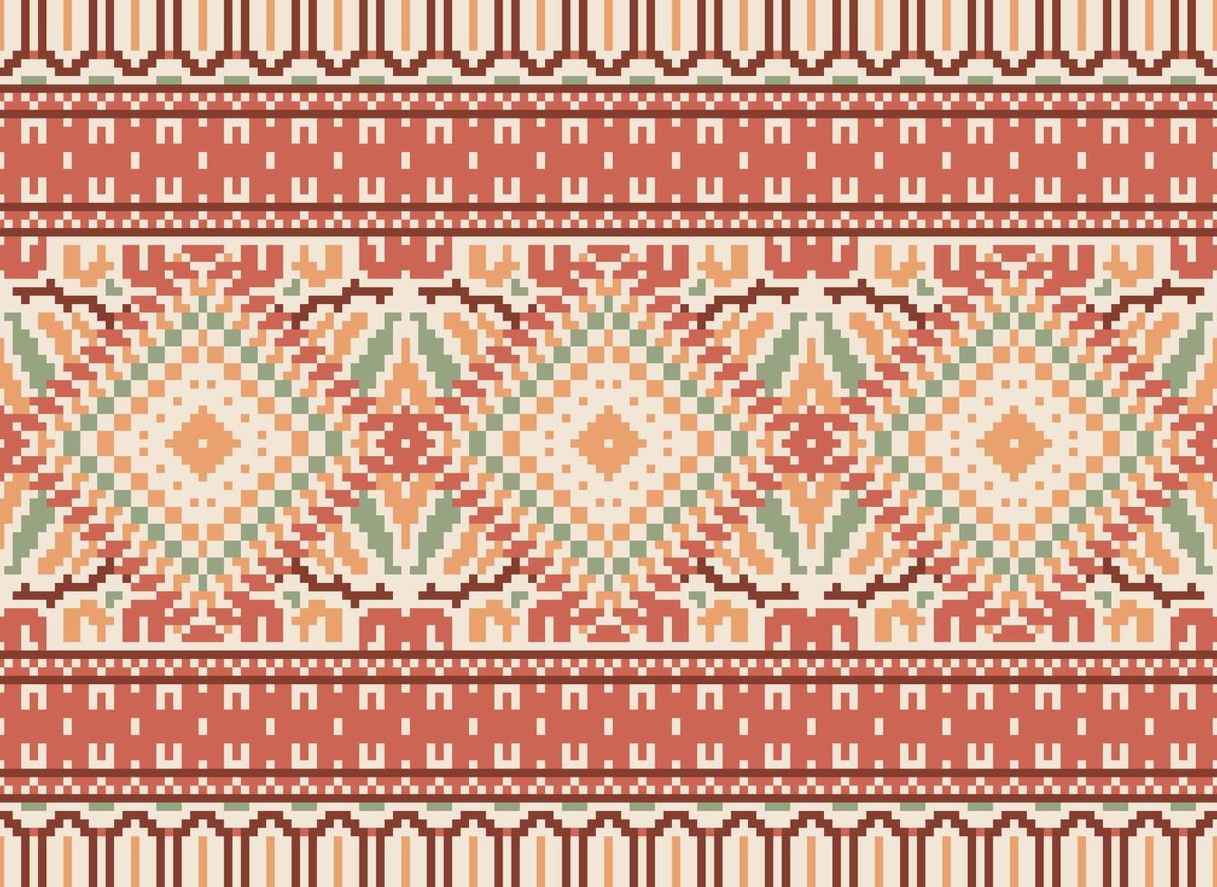 Pixel Cross Stitch Traditional Ethnic Pattern Paisley Flower Ikat Background Abstract Aztec African Indonesian Indian Seamless Pattern for Fabric Print Cloth Dress Carpet Curtains and Sarong vector