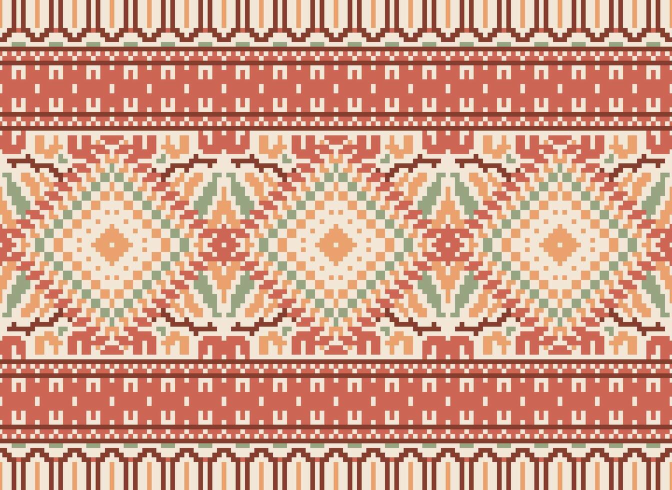 Pixel Cross Stitch Traditional Ethnic Pattern Paisley Flower Ikat Background Abstract Aztec African Indonesian Indian Seamless Pattern for Fabric Print Cloth Dress Carpet Curtains and Sarong vector