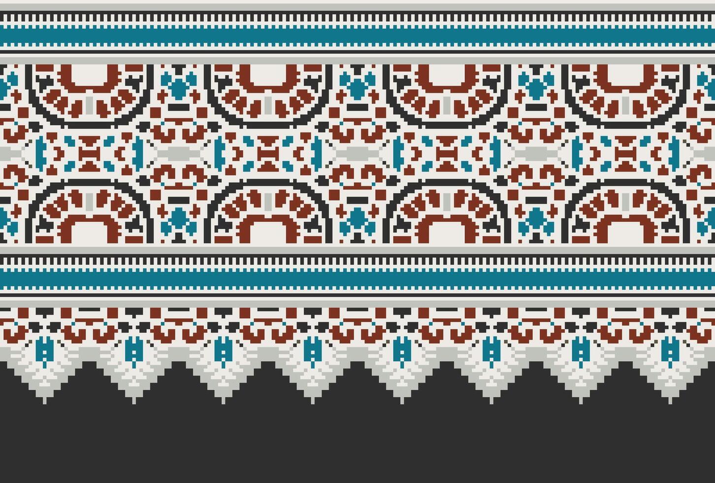 Pixel Cross Stitch pattern with Floral Designs. Traditional cross stitch needlework. Geometric Ethnic pattern, Embroidery, Textile ornamentation, fabric, Hand stitched pattern, Cultural stitching vector
