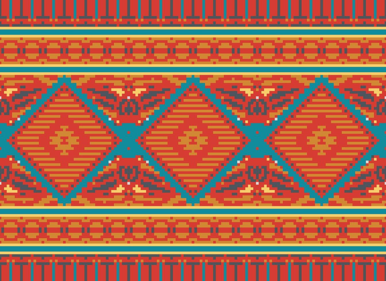 Pixel Cross Stitch Traditional Ethnic Pattern Paisley Flower Ikat Background Abstract Aztec African Indonesian Indian Seamless Pattern for Fabric Print Cloth Dress Carpet Curtains and Sarong vector