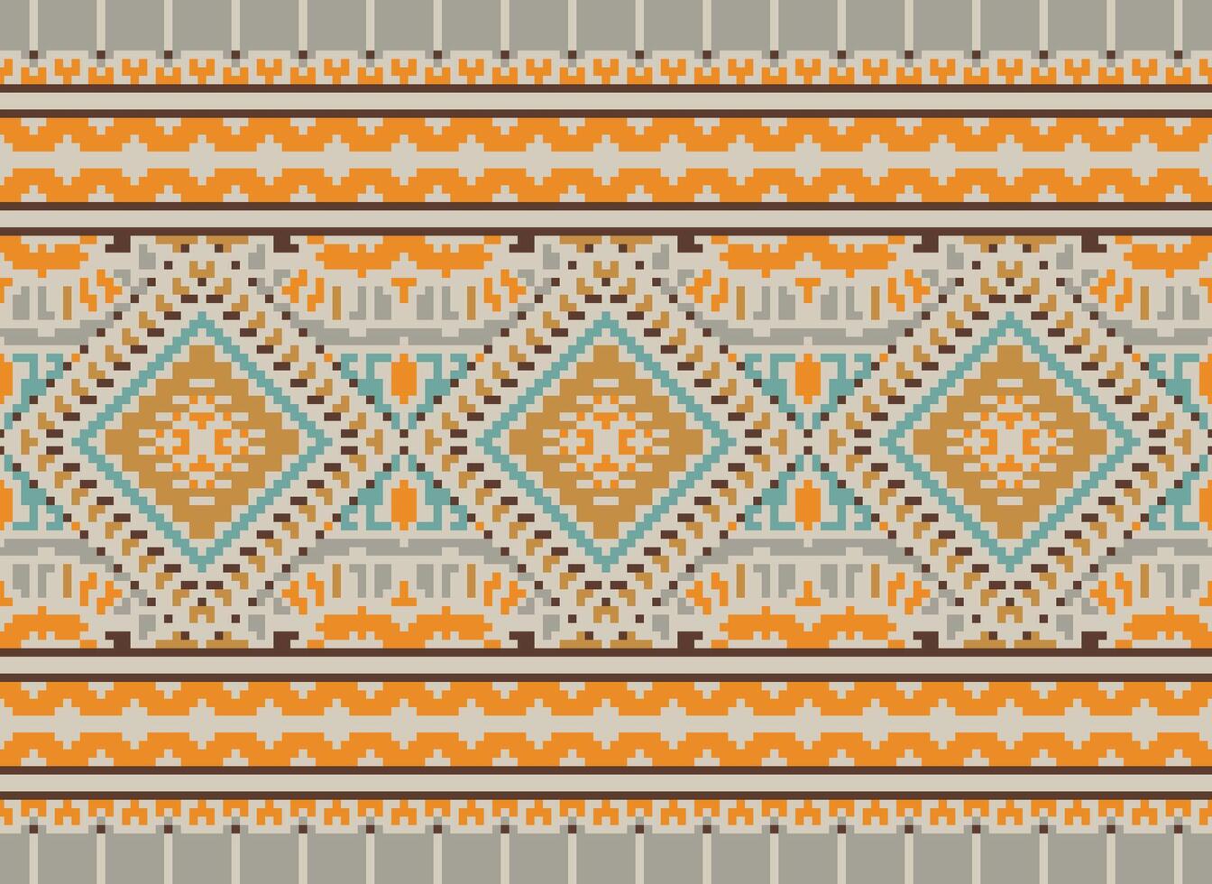 Pixel Cross Stitch Traditional Ethnic Pattern Paisley Flower Ikat Background Abstract Aztec African Indonesian Indian Seamless Pattern for Fabric Print Cloth Dress Carpet Curtains and Sarong vector