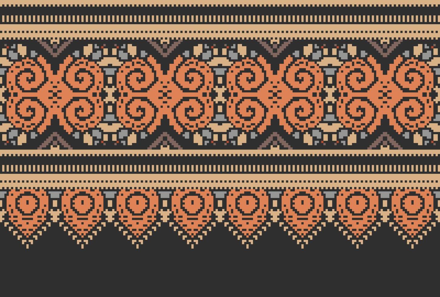 Pixel Cross Stitch pattern with Floral Designs. Traditional cross stitch needlework. Geometric Ethnic pattern, Embroidery, Textile ornamentation, fabric, Hand stitched pattern, Cultural stitching vector