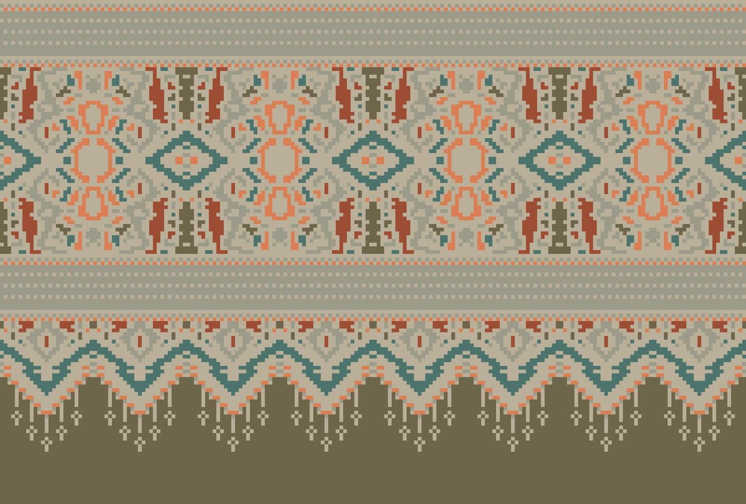 Pixel Cross Stitch Traditional Ethnic Pattern Paisley Flower Ikat Background Abstract Aztec African Indonesian Indian Seamless Pattern for Fabric Print Cloth Dress Carpet Curtains and Sarong vector