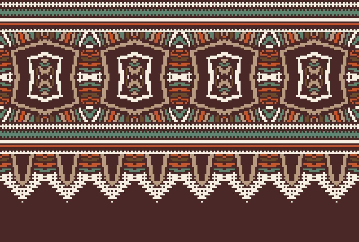 Pixel Cross Stitch pattern with Floral Designs. Traditional cross stitch needlework. Geometric Ethnic pattern, Embroidery, Textile ornamentation, fabric, Hand stitched pattern, Cultural stitching vector