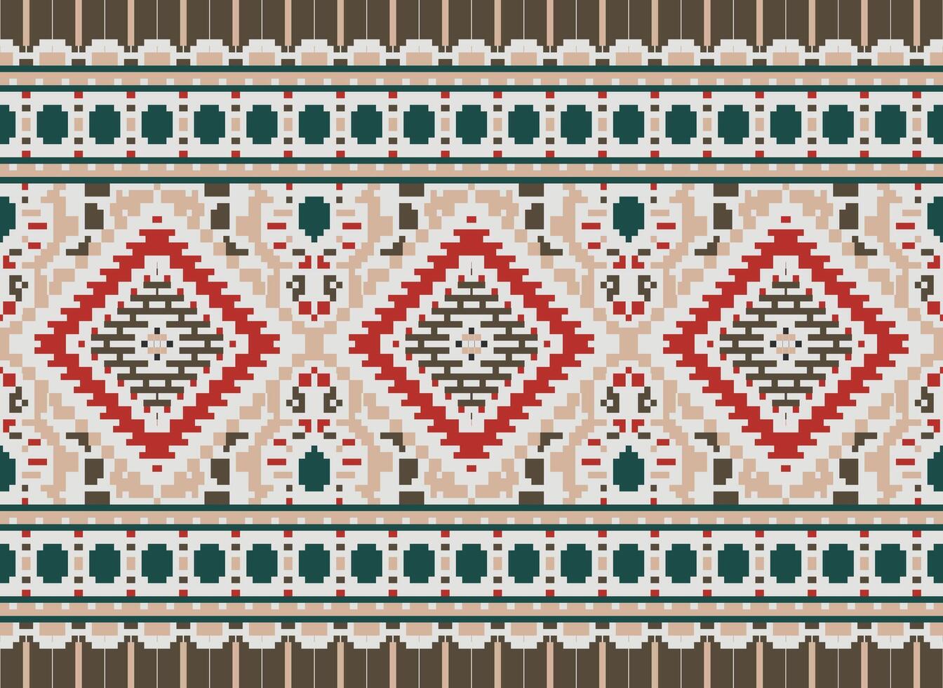 Pixel Cross Stitch Traditional Ethnic Pattern Paisley Flower Ikat Background Abstract Aztec African Indonesian Indian Seamless Pattern for Fabric Print Cloth Dress Carpet Curtains and Sarong vector