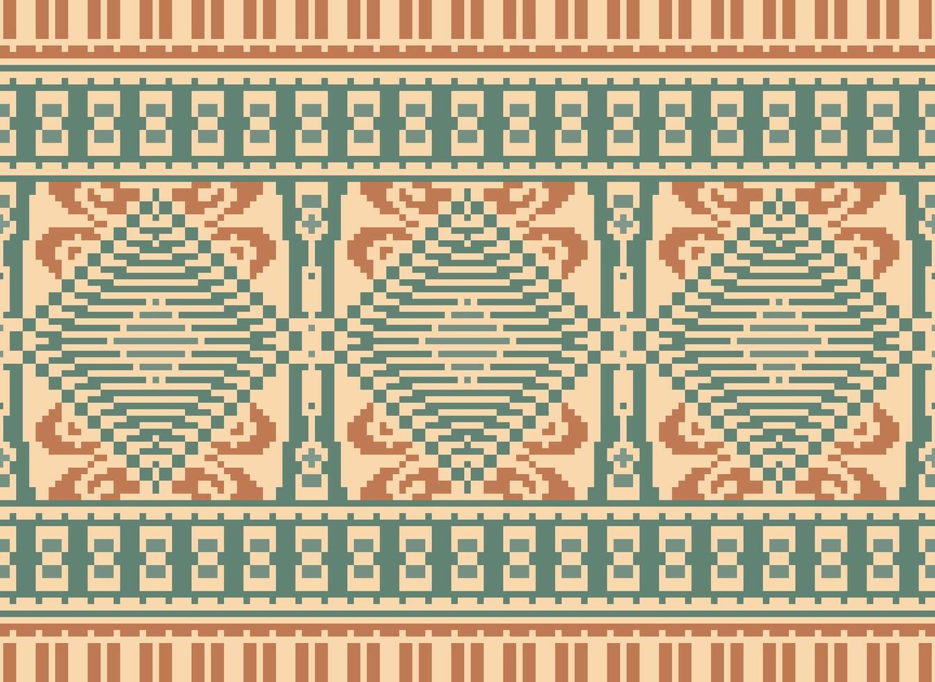 Pixel Cross Stitch Traditional Ethnic Pattern Paisley Flower Ikat Background Abstract Aztec African Indonesian Indian Seamless Pattern for Fabric Print Cloth Dress Carpet Curtains and Sarong vector