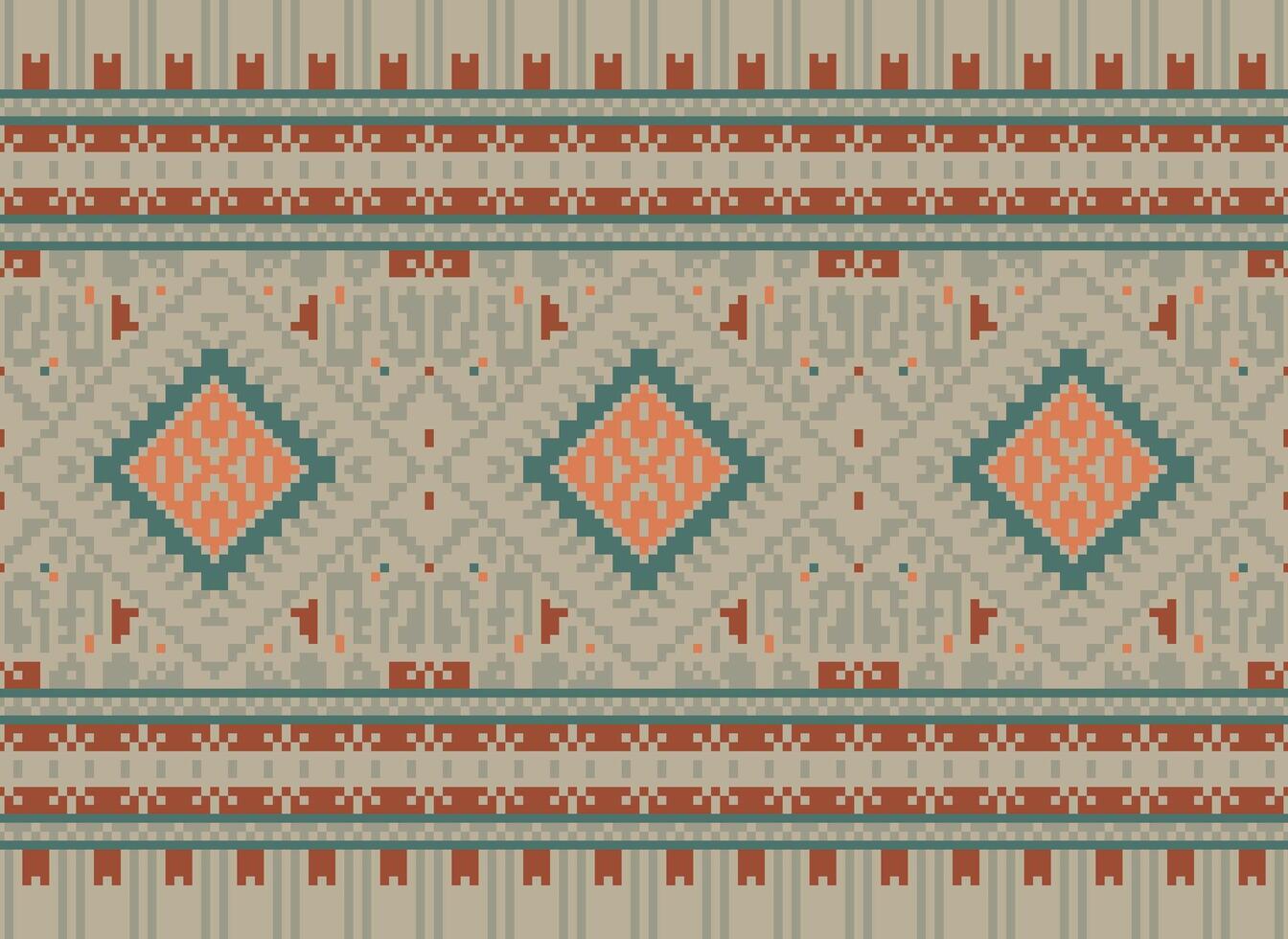 Pixel Cross Stitch Traditional Ethnic Pattern Paisley Flower Ikat Background Abstract Aztec African Indonesian Indian Seamless Pattern for Fabric Print Cloth Dress Carpet Curtains and Sarong vector