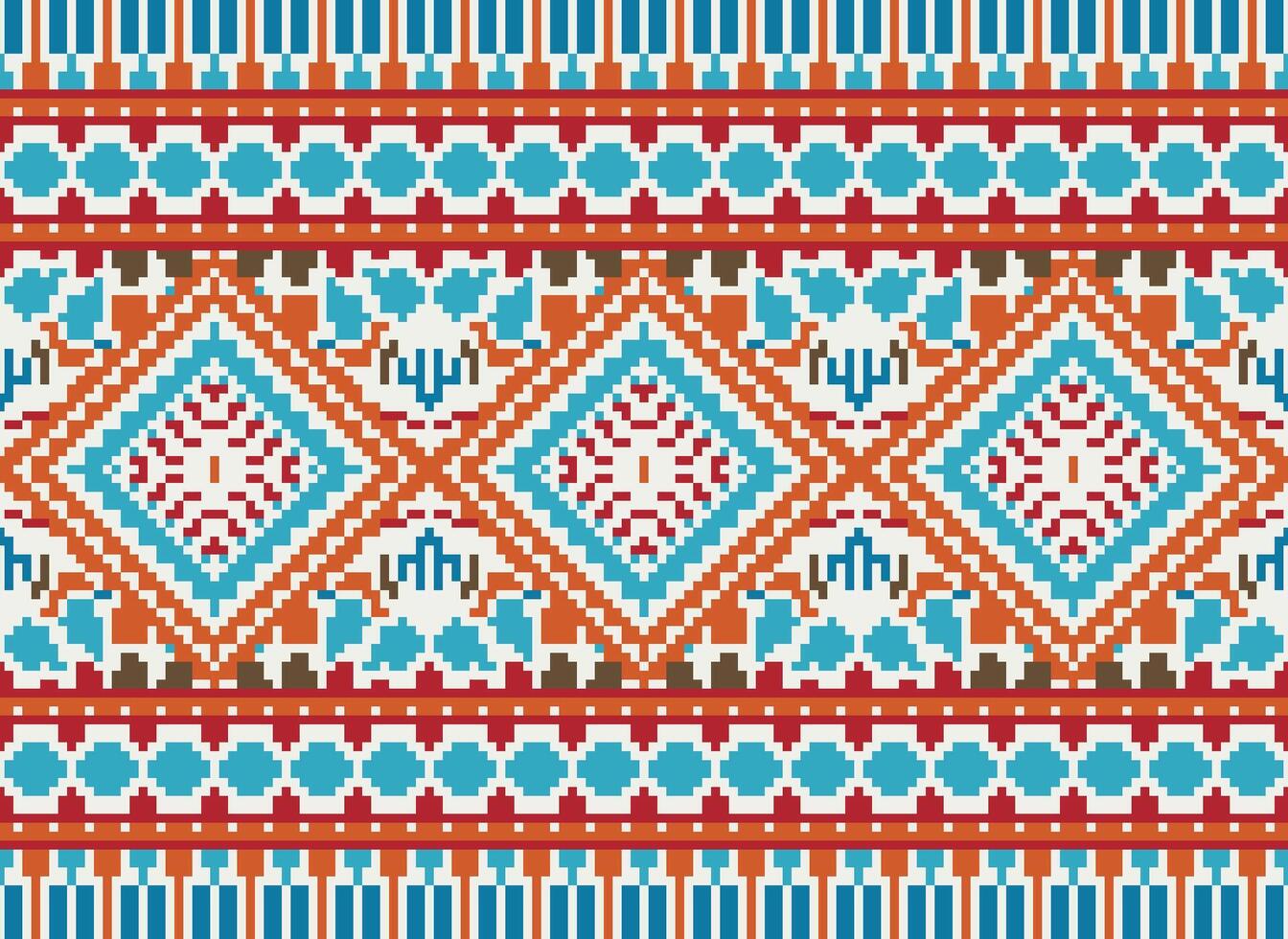 Pixel Cross Stitch Traditional Ethnic Pattern Paisley Flower Ikat Background Abstract Aztec African Indonesian Indian Seamless Pattern for Fabric Print Cloth Dress Carpet Curtains and Sarong vector