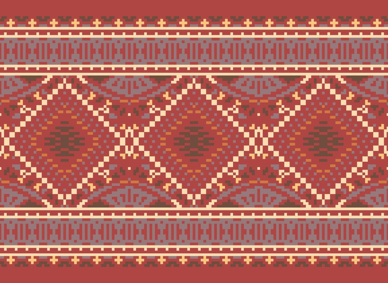 Pixel Cross Stitch Traditional Ethnic Pattern Paisley Flower Ikat Background Abstract Aztec African Indonesian Indian Seamless Pattern for Fabric Print Cloth Dress Carpet Curtains and Sarong vector