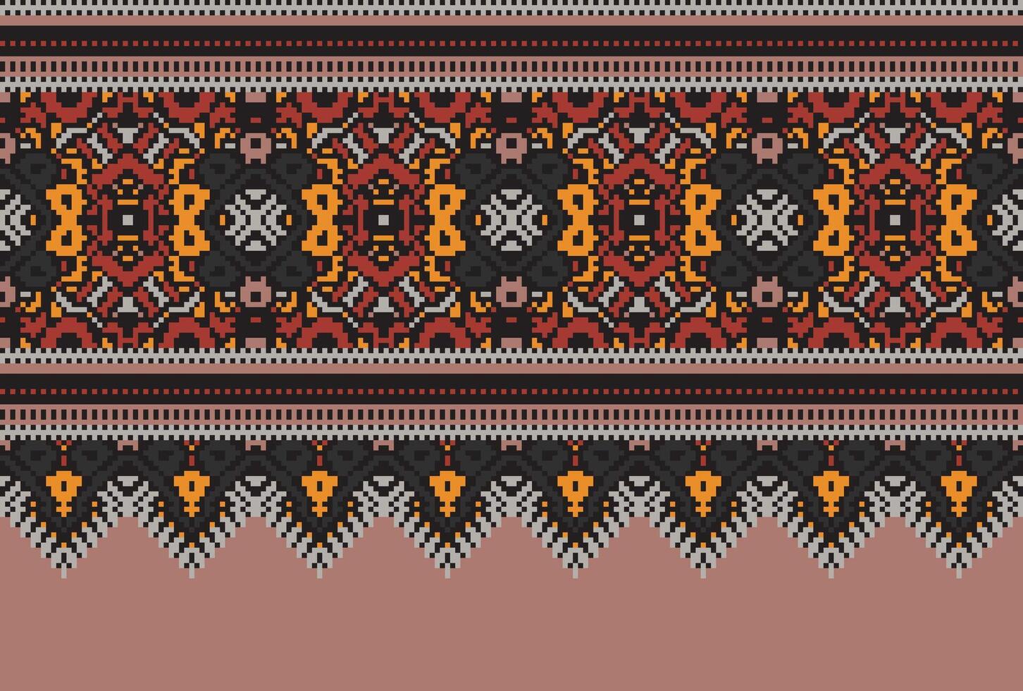 Pixel Cross Stitch pattern with Floral Designs. Traditional cross stitch needlework. Geometric Ethnic pattern, Embroidery, Textile ornamentation, fabric, Hand stitched pattern, Cultural stitching vector