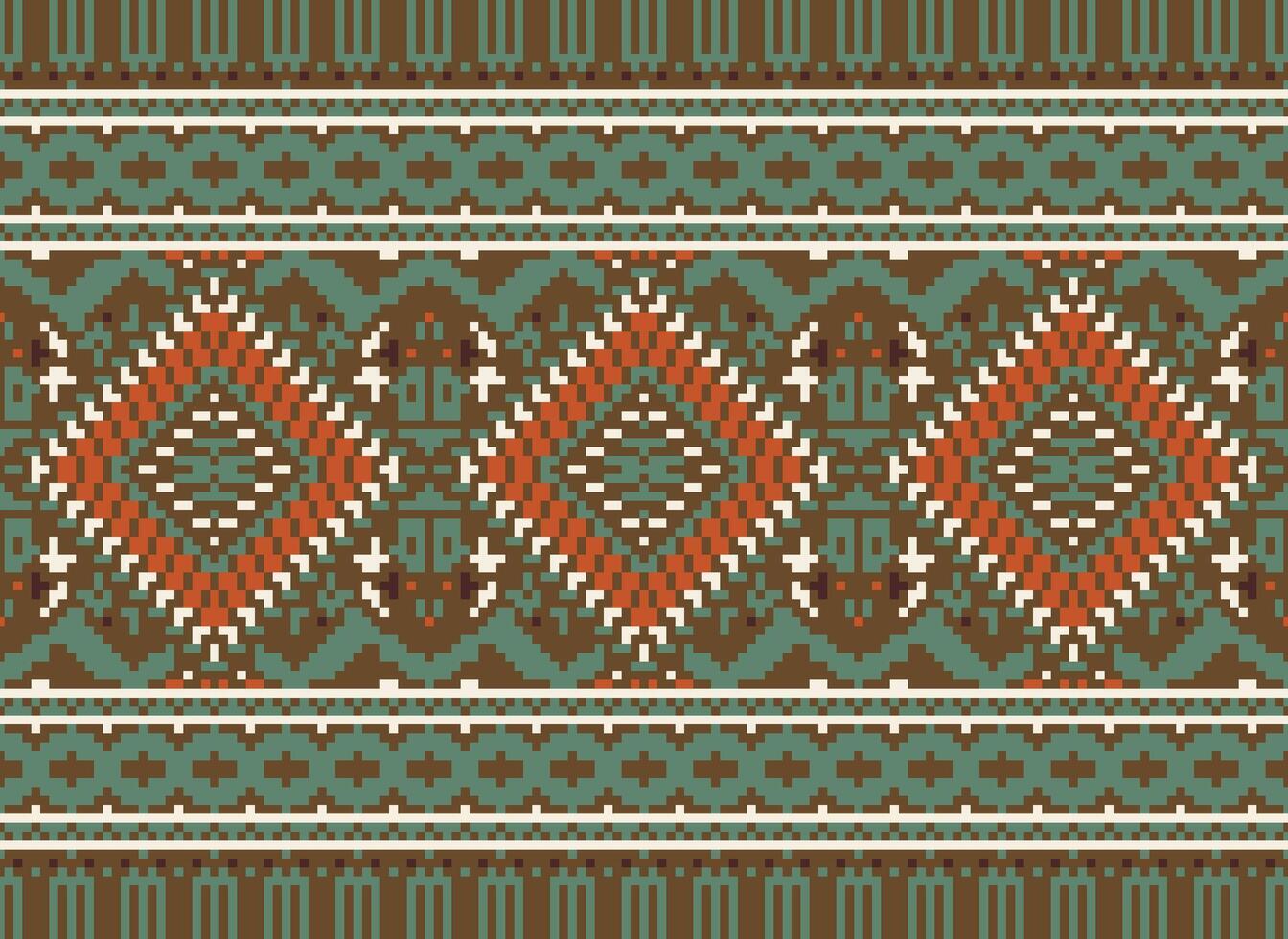 Pixel Cross Stitch Traditional Ethnic Pattern Paisley Flower Ikat Background Abstract Aztec African Indonesian Indian Seamless Pattern for Fabric Print Cloth Dress Carpet Curtains and Sarong vector