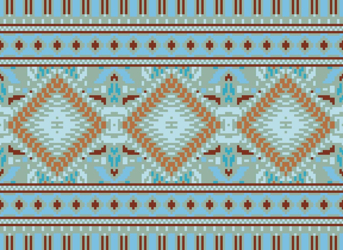 Pixel Cross Stitch Traditional Ethnic Pattern Paisley Flower Ikat Background Abstract Aztec African Indonesian Indian Seamless Pattern for Fabric Print Cloth Dress Carpet Curtains and Sarong vector