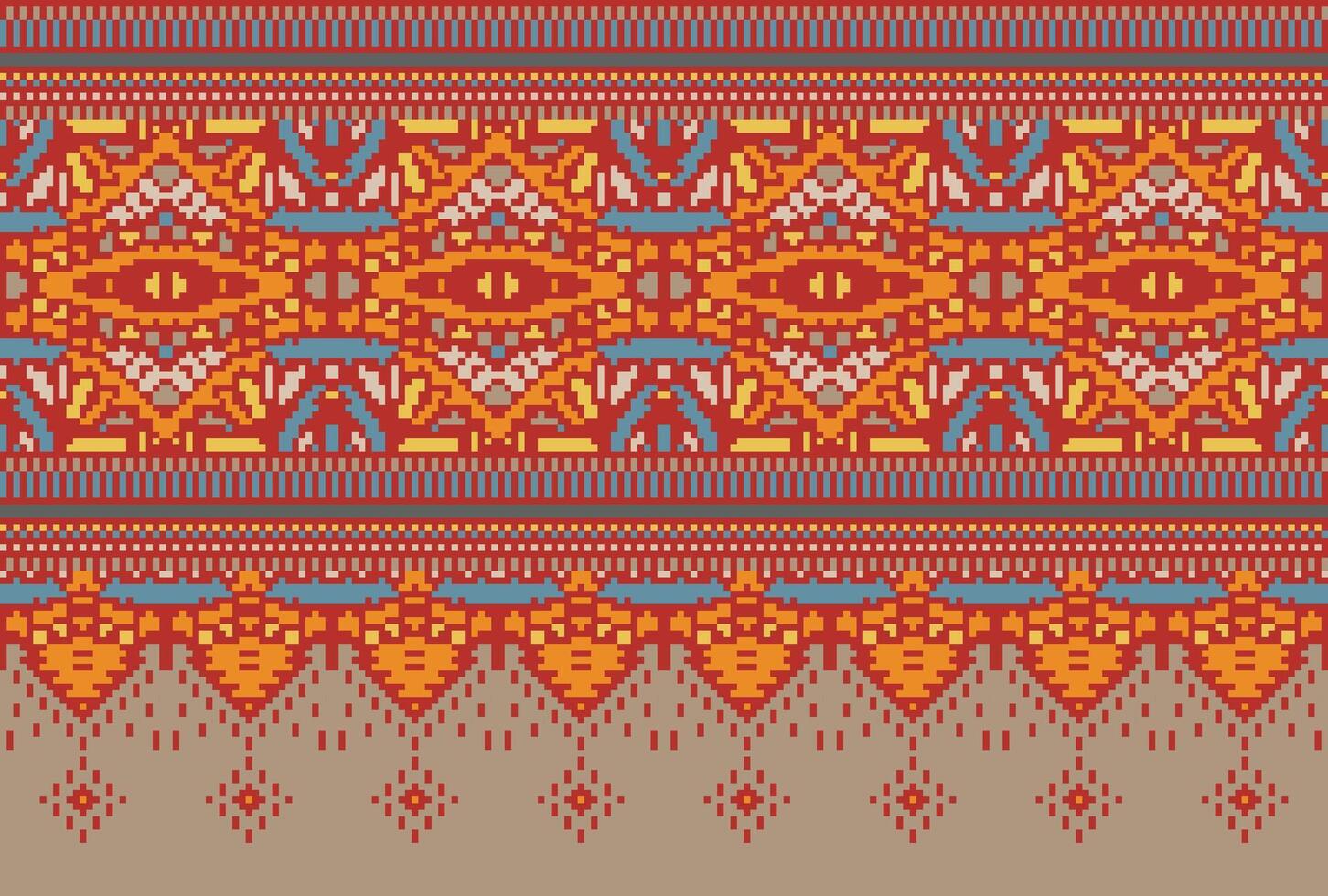 Pixel Cross Stitch Traditional Ethnic Pattern Paisley Flower Ikat Background Abstract Aztec African Indonesian Indian Seamless Pattern for Fabric Print Cloth Dress Carpet Curtains and Sarong vector